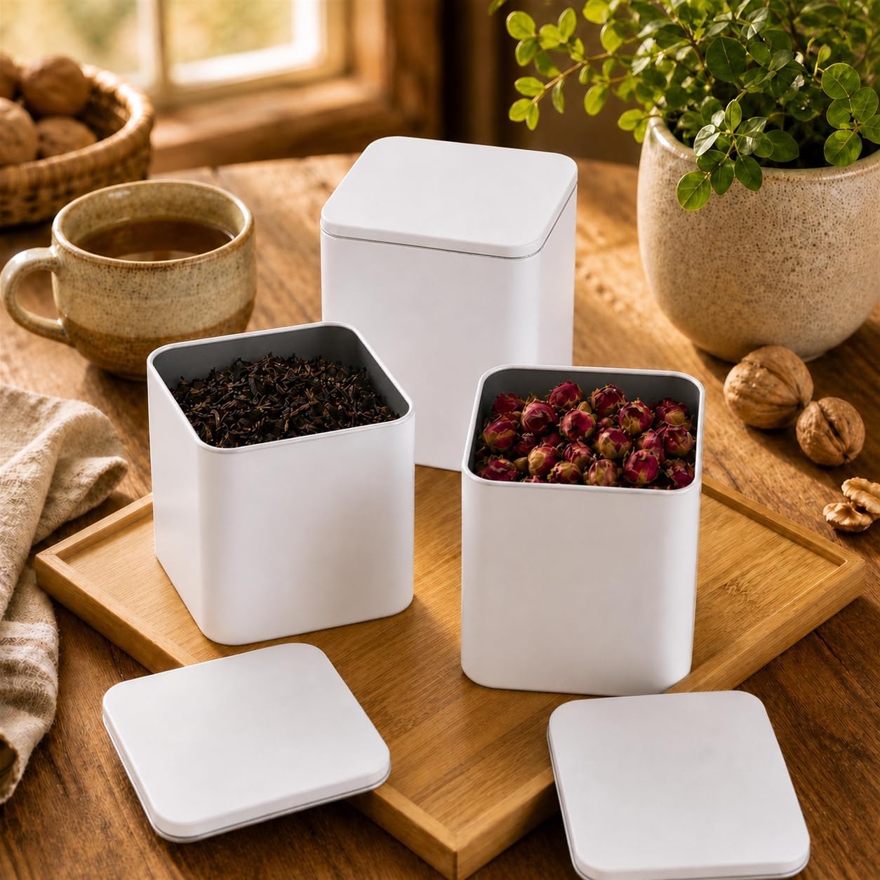 WOPPLXY 12 Pack Square White Metal Tins, Small Tea Tin Canisters,8 Oz Loose Leaf Tea Storage Containers with Airtight Lids, Square Teas Containers for Loose Teas, Herbs, Coffee, Cube Sugar image 4