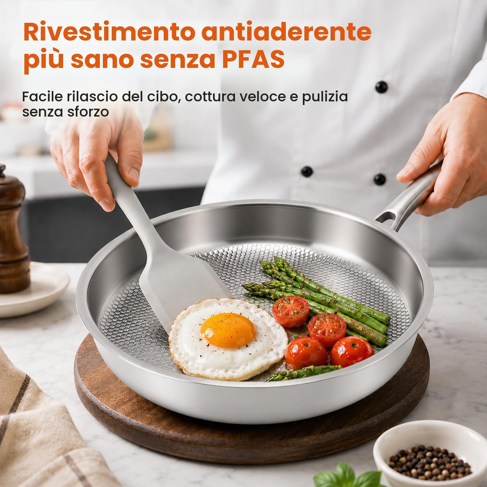 Titan, padella con coperchio, in titanio senza rivestimento, padelle in titanio con motivo martellato per cucinare, antigraffio, antiaderente, padella in titanio Pro induzione, per cucina e campeggio