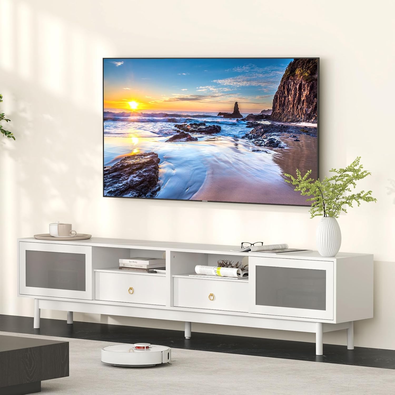  Home TV Stand with Storage for 80 Inch TV, Modern Entertainment Center with Glass Doors and 2 Drawers, 86.6" Long TV Console for Living Room, White