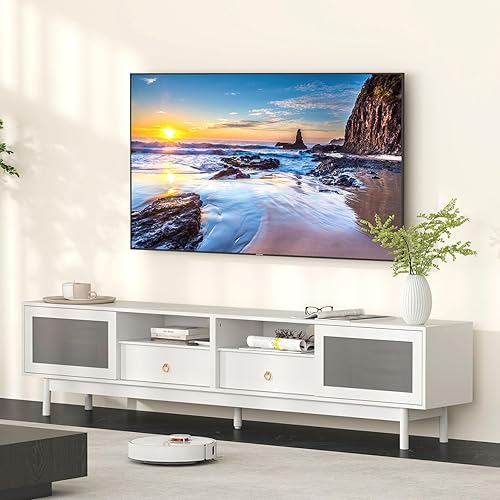 Miniatura 8 de Bonzy Home Soporte de TV con almacenamiento para TV de 80 pulgadas, moderno centro de entretenimiento con puertas de vidrio y 2 cajones, consola de