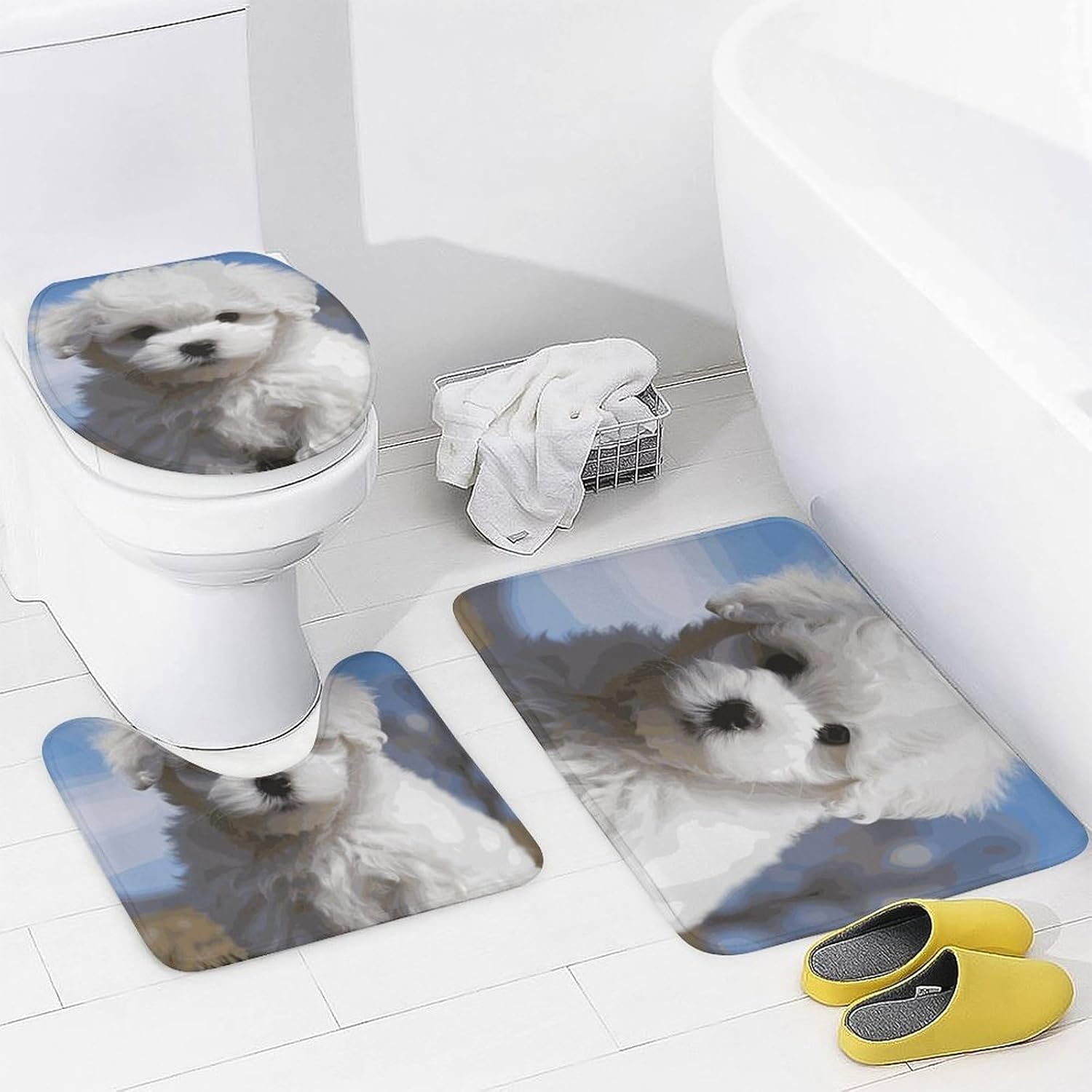 Bichon Frise Dog Shower Curtain Set 4 Piece, Non-Slip Bath Mat with Toilet Lid Cover and Waterproof Shower Curtain with 12 Hooks, Complete Bathroom Set for Home Decor