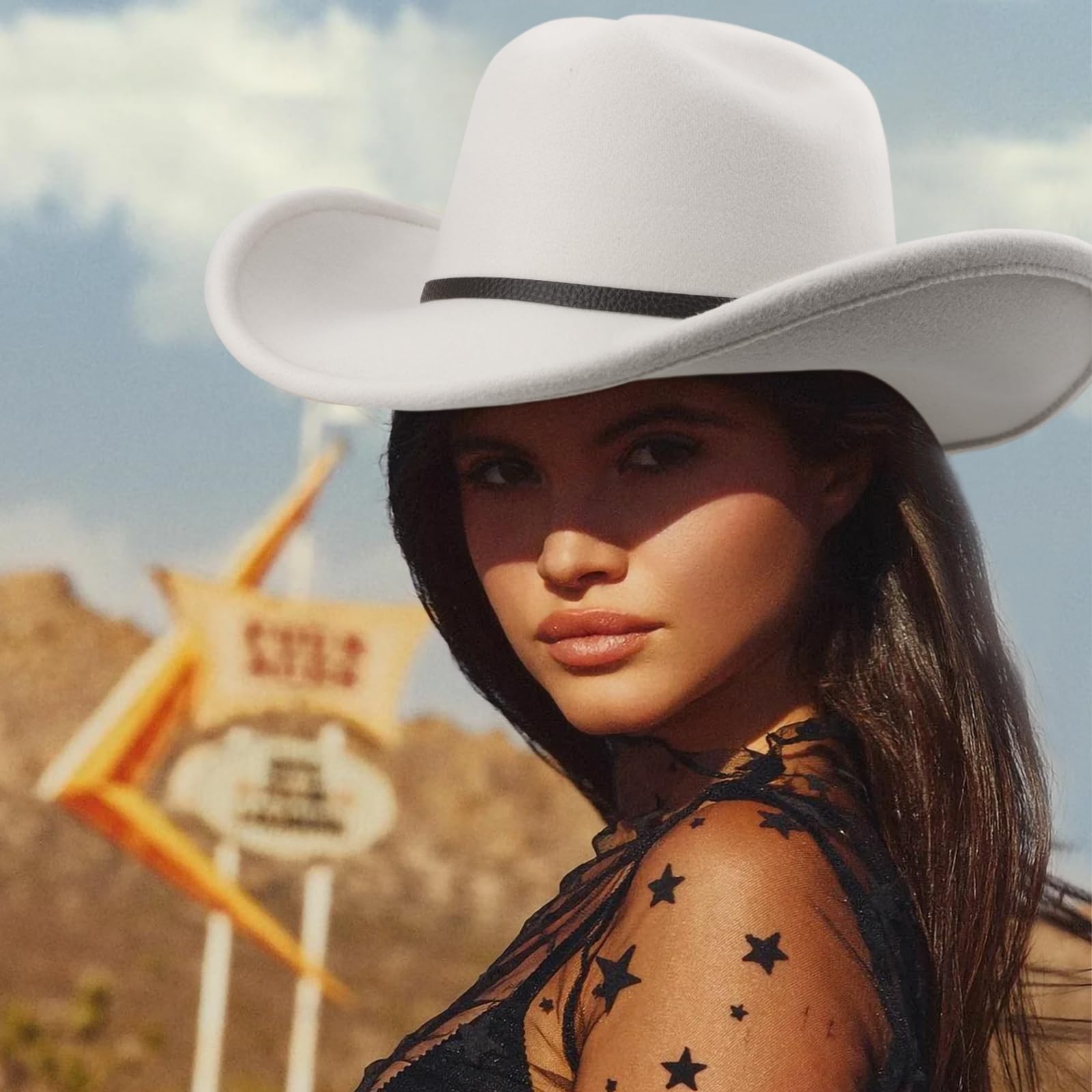 DRESHOW Cappello da Cowboy Donna Classico Cappello Western Retro a Tesa Larga Modellabile con Fibbia e Cintura Cappelli in Feltro Arrotolati Unisex