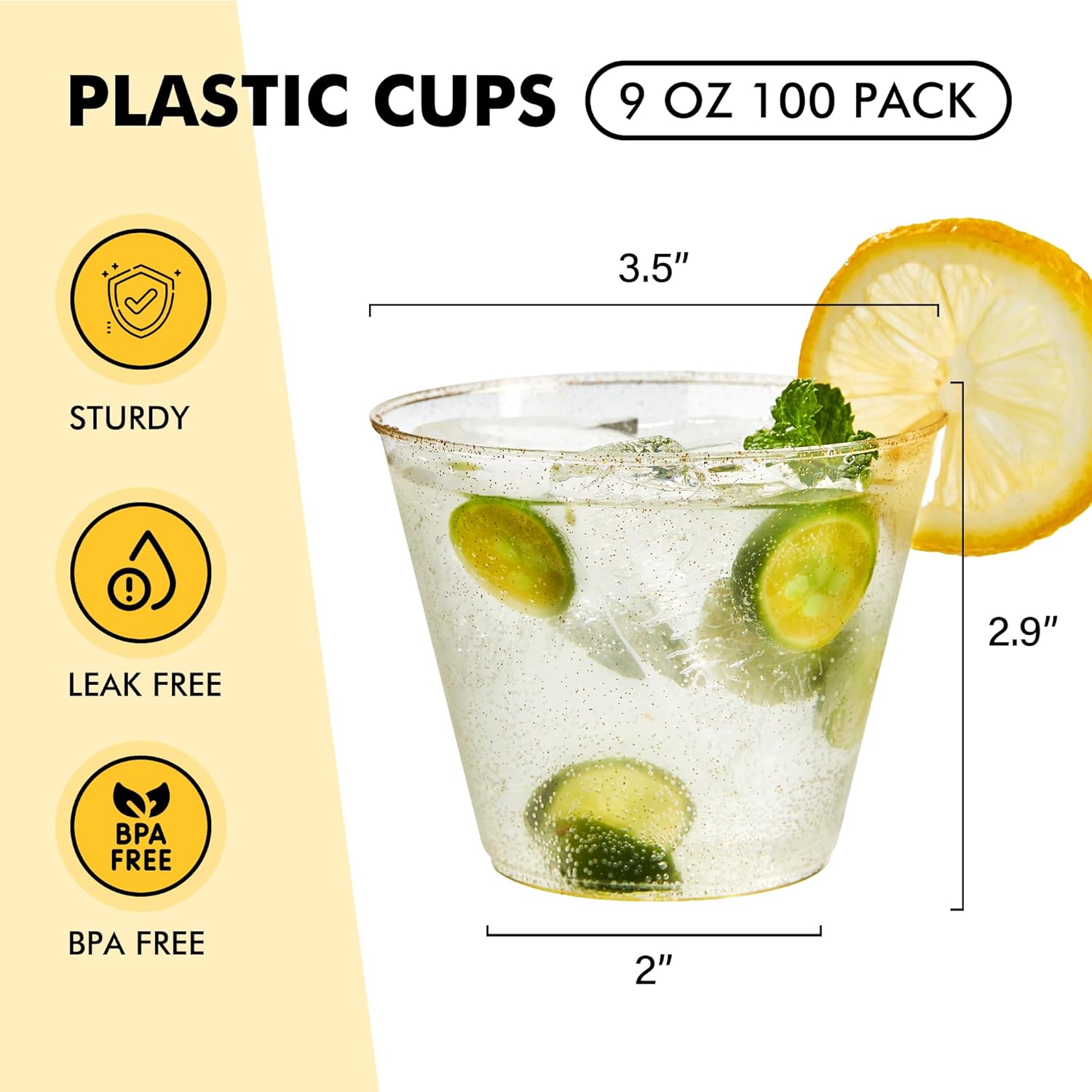 RACETOP 100 Pack 9 oz Gold Plastic Cups Tumbler, Disposable Cups with Gold Glitter for Party, Heavy-duty Clear Plastic Wine Glasses, Disposable Wedding Cups - Image 2