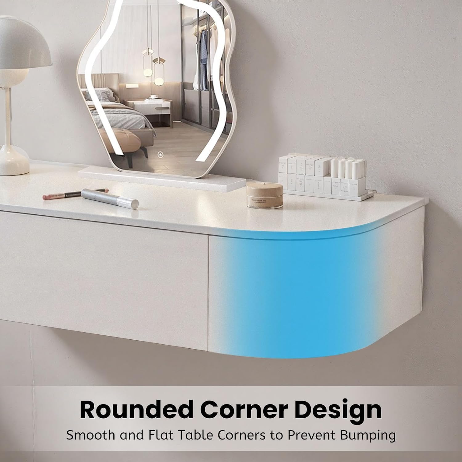 Modern Corner Floating Desk with Drawers, Wall-Mounted Vanity Makeup Table, Small Floating Dressing Table, Stylish Wood Shelf with Storage