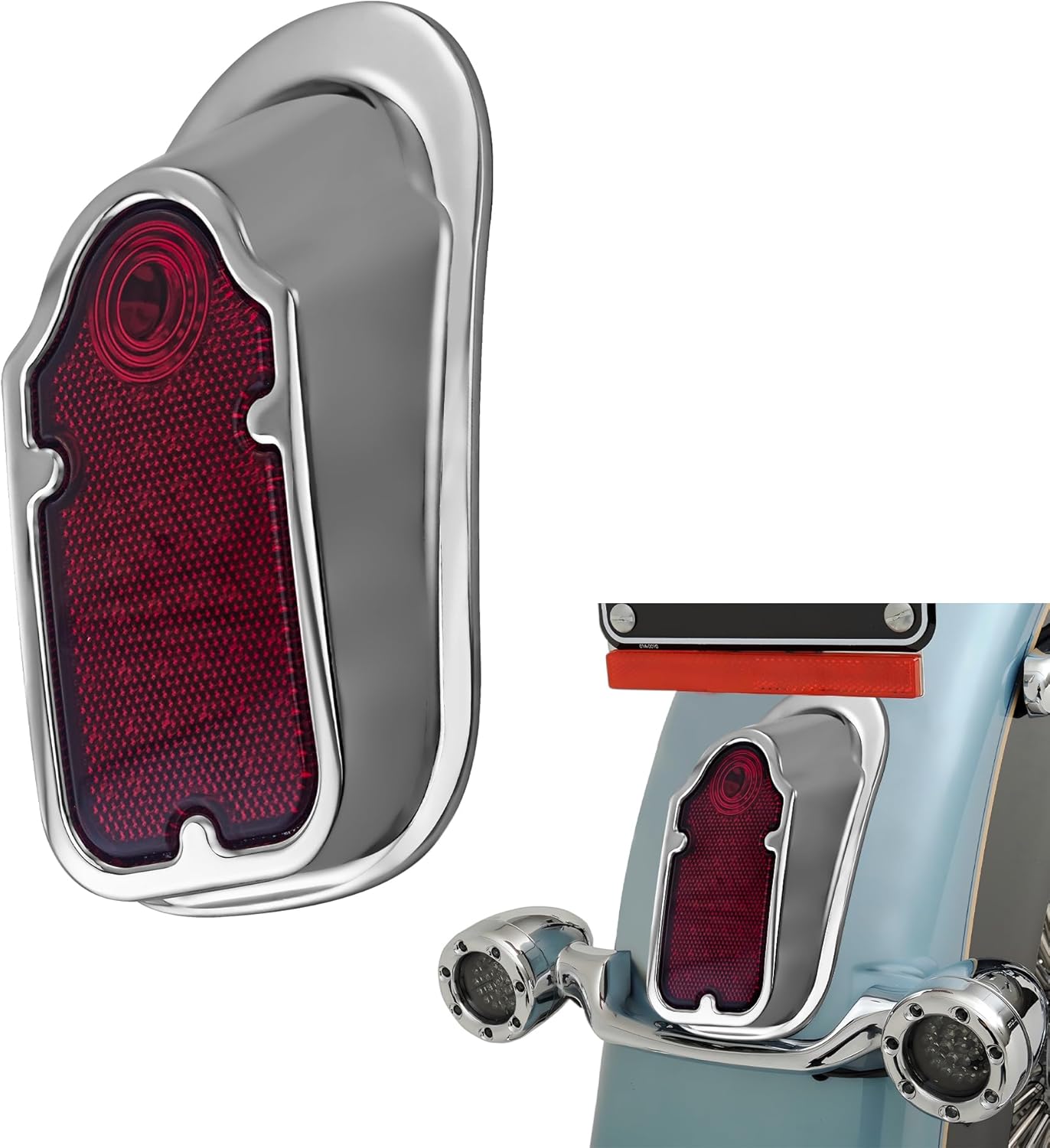 Motorcycles LED Brake Tail Light, Chrome Metal Tombstone Red Taillight with High-Low Brightness, Compatible with Harley Bike