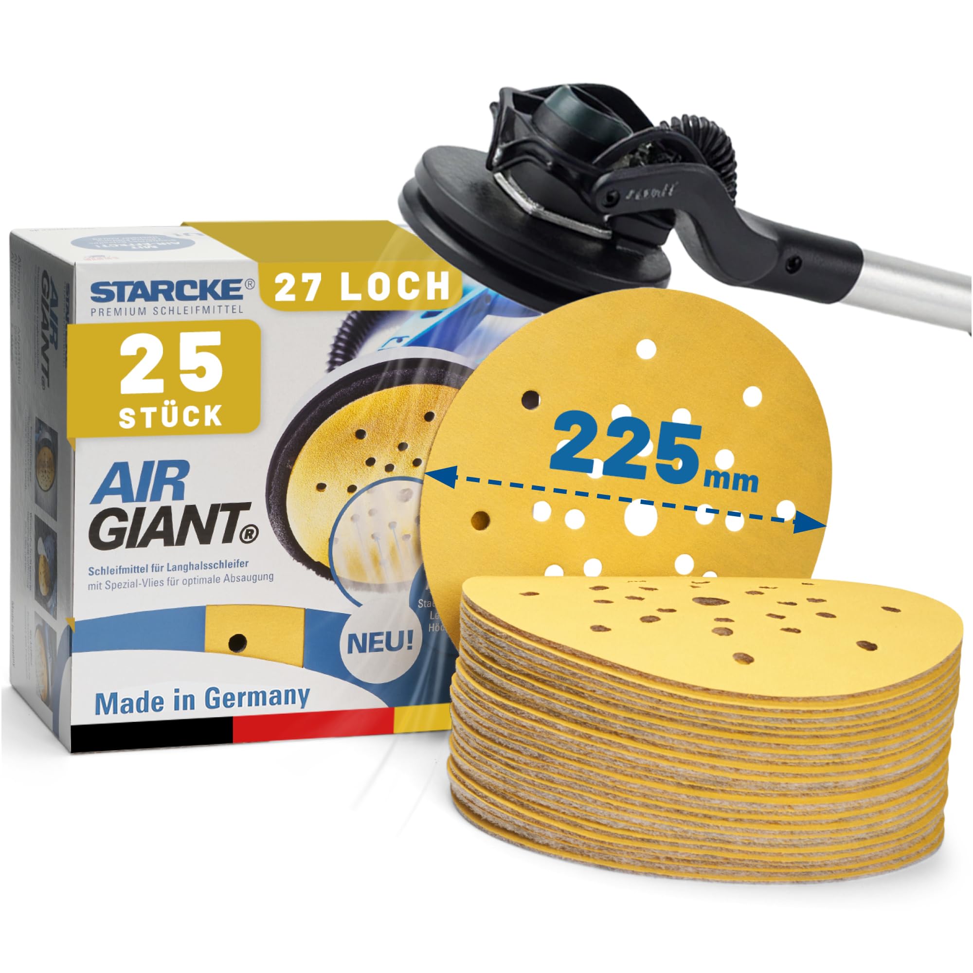 STARCKE® Schleifscheiben 225mm Klett AIR-GIANT - MADE IN GERMANY - [25x] - für 27-Loch Langhalsschleifer, Trockenbauschleifer - Trockenbau, Malerarbeiten, Farbe, Lack, Spachtel (P40, 25x)