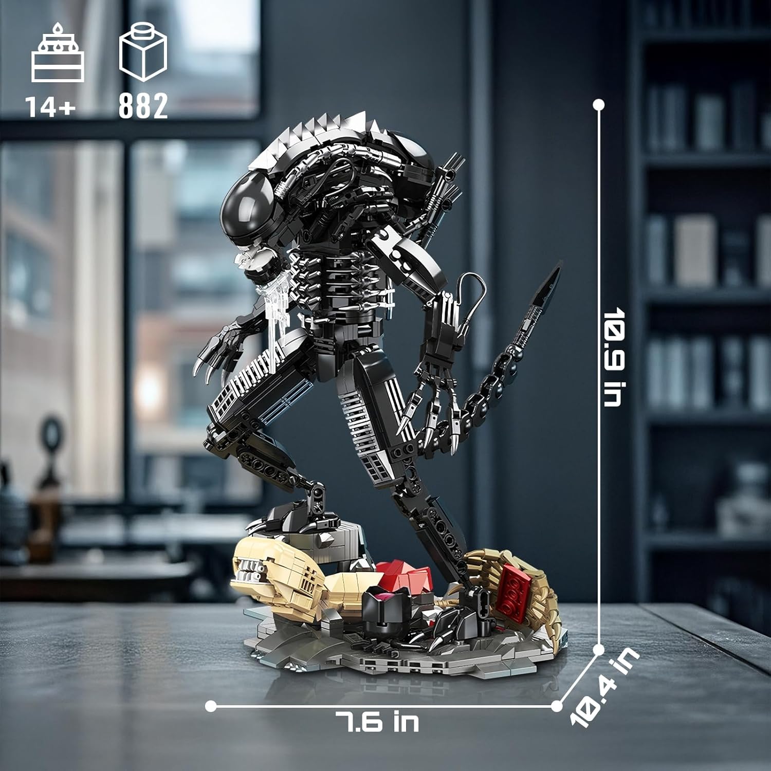 HIGH GODO Alien Mech Xenomorph Warrior Building Sets for Adult, Horror Action Figure Toy with Base,Gifts for Teens Aged 14+, Perfect for Birthdays Christmases Halloweens, 882 Pieces