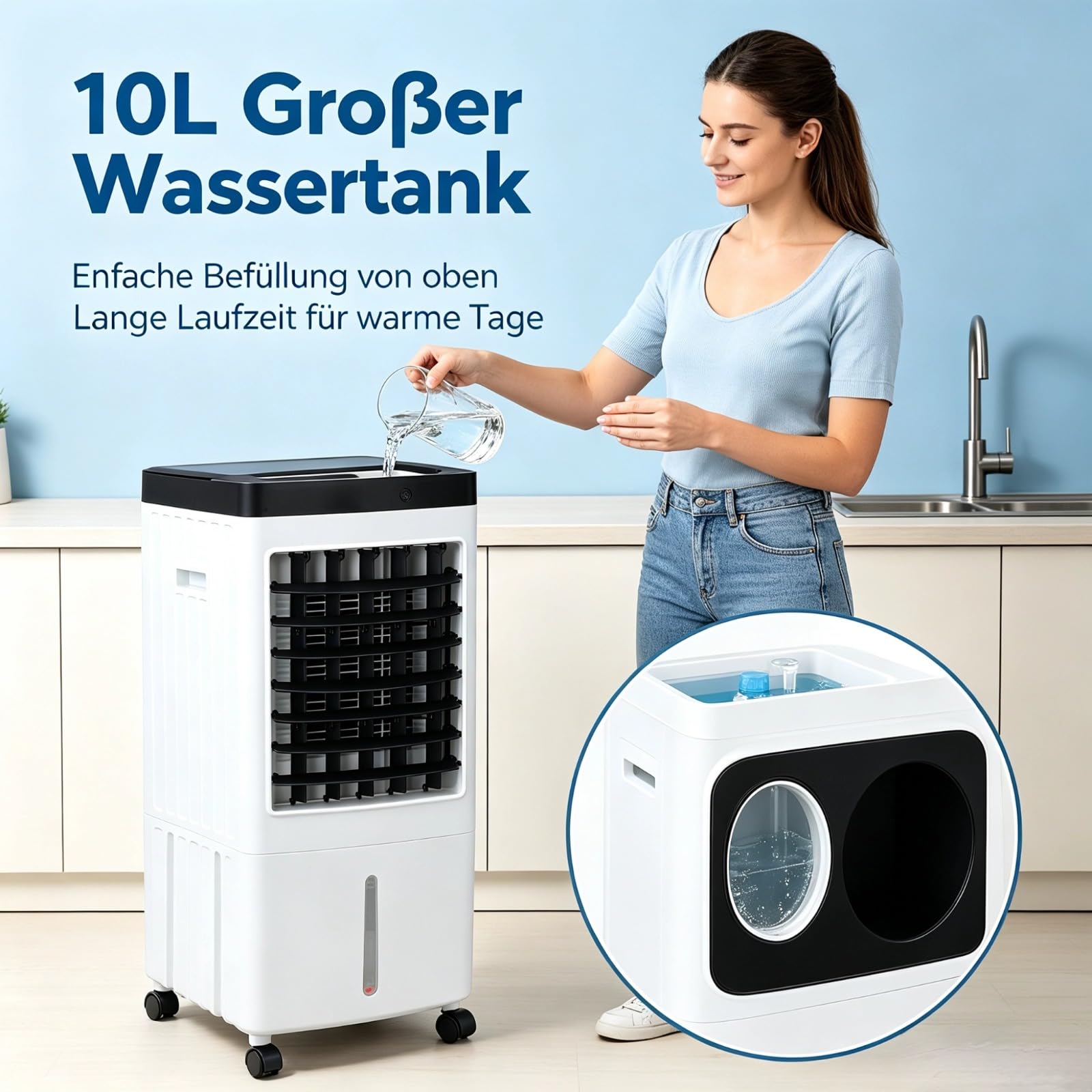 Luftkühler Ohne Abluftschlauch 10L 65WMobiles Klimagerät mit Wasserkühlung | 3 Stufen Fernbedienung Timer, Luftkühler für Zuhause Büro Schlafzimmer, Klimagerät Mobil mit Eispack