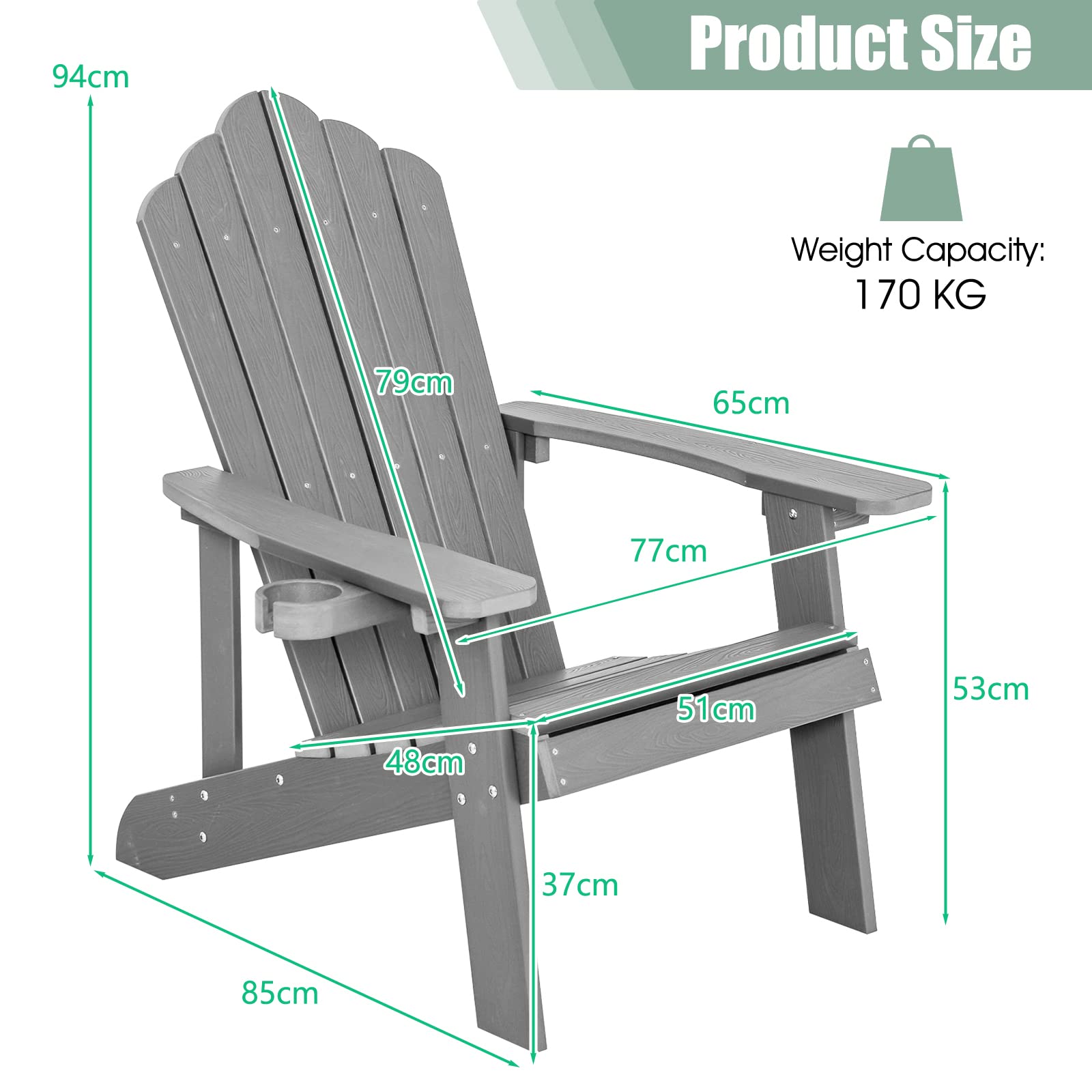 KOMFOTTEU Silla Adirondack de Hips, Sillas de Patio Resistente a Todo Tipo de Clima, Silla para Fogata con Soporte de Tazas para Jardín, Césped, Patio, 77X86X94CM (Gray)