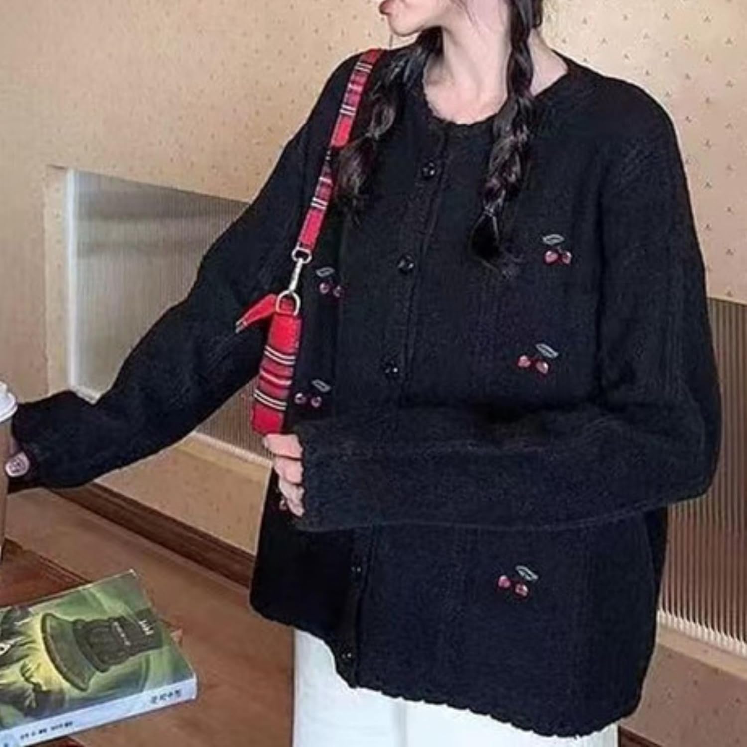 Xunger Women's Cherry Embroidery Knit Cardigan Soft Lightweight Long Sleeve Sweater Coat Cute Loose-Fit Round Neck Blouse - Image 3