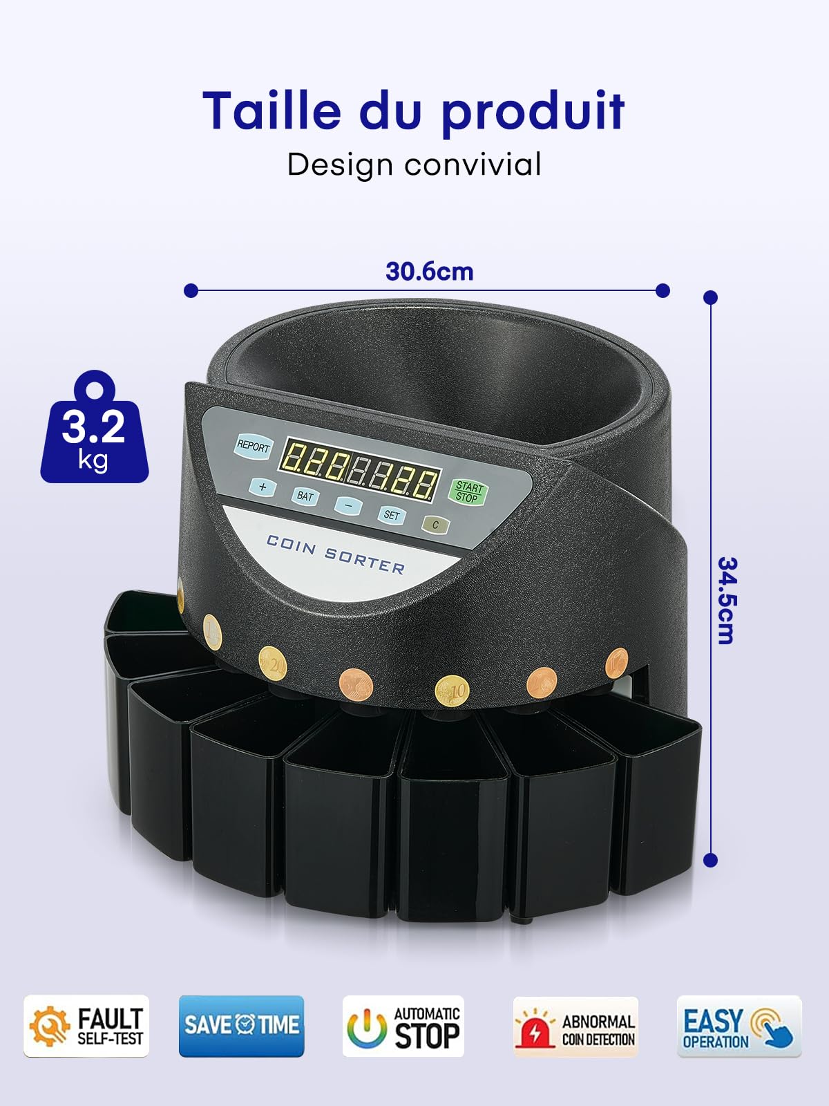 Compteuse de Pièces Euro, Trieuse Monnaie 800 Pièces, Machine à Compter avec 8 Bacs, Noir