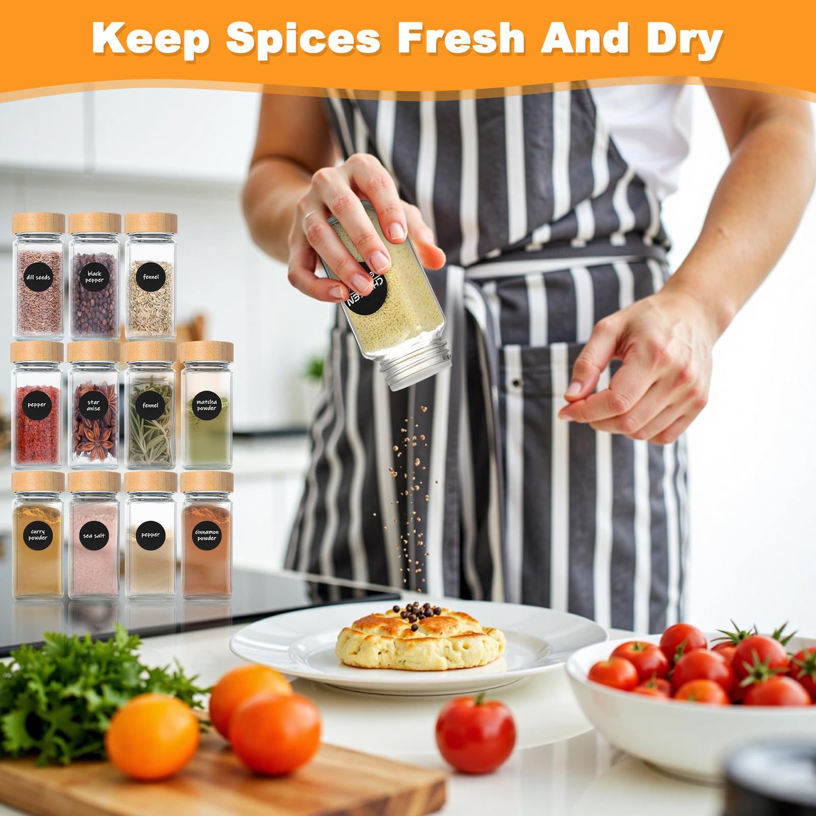 12Pcs Barattoli Spezie Vetro con Coperchio in Bambù, Contenitori Spezie Trasparente Cucina Cucinaper Vasetti Spezien Portaspezie Zuccheriera Inclusi Setaccio, Etichette, Spazzola, Lmbuto, Penna