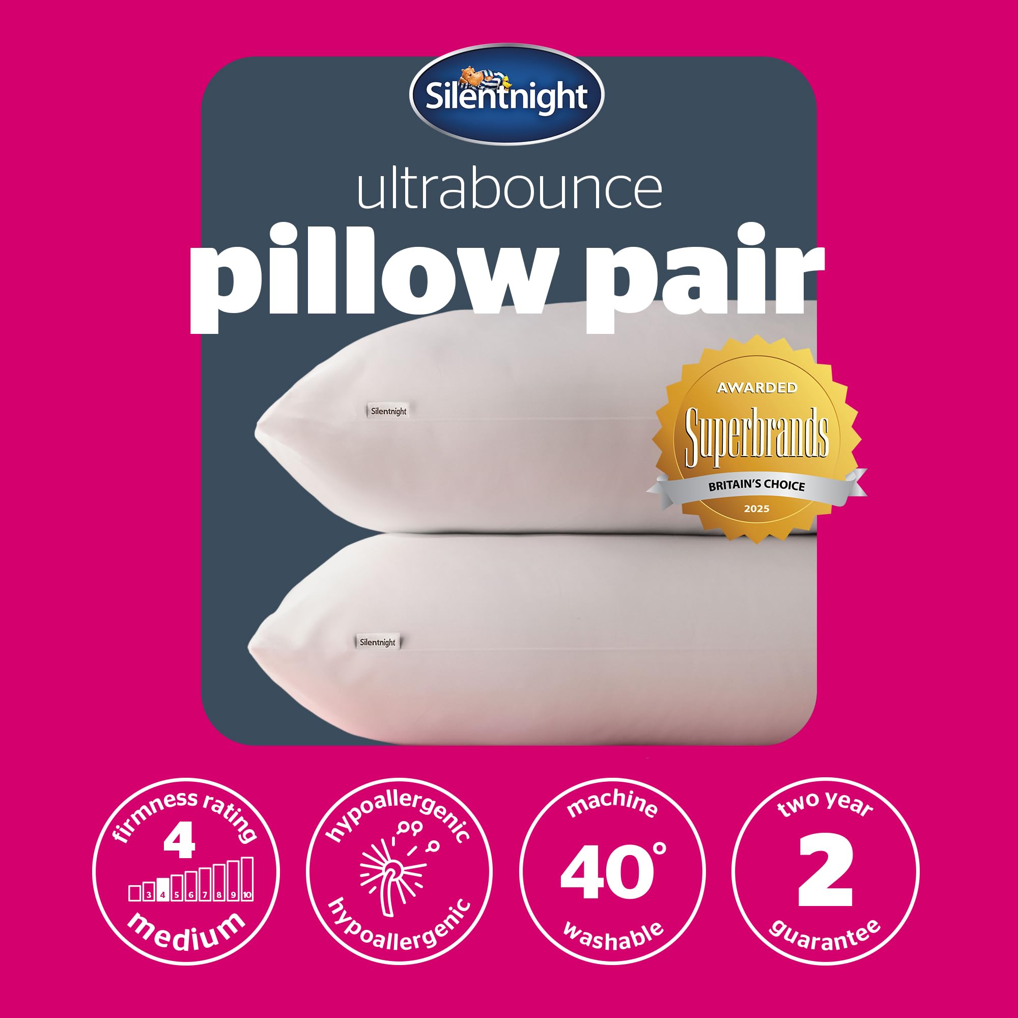 Silentnight Ultrabounce Poduszki do spania na brzuchu, plecach i na boku, miękkie, średnie podparcie, wygodne poduszki do spania na brzuchu, plecach i na boku, 2 sztuki, 2 sztuki