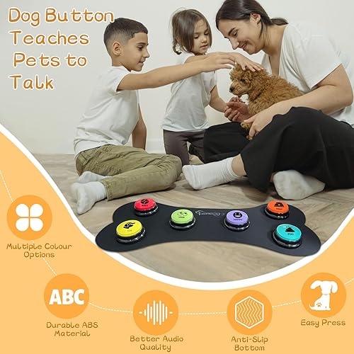 Miniatura 5 de RIBOSY Juego de zumbadores de entrenamiento de voz de perro, 6 botones grabables con alfombrilla de goma antideslizante y 50 calcomanías, graba y
