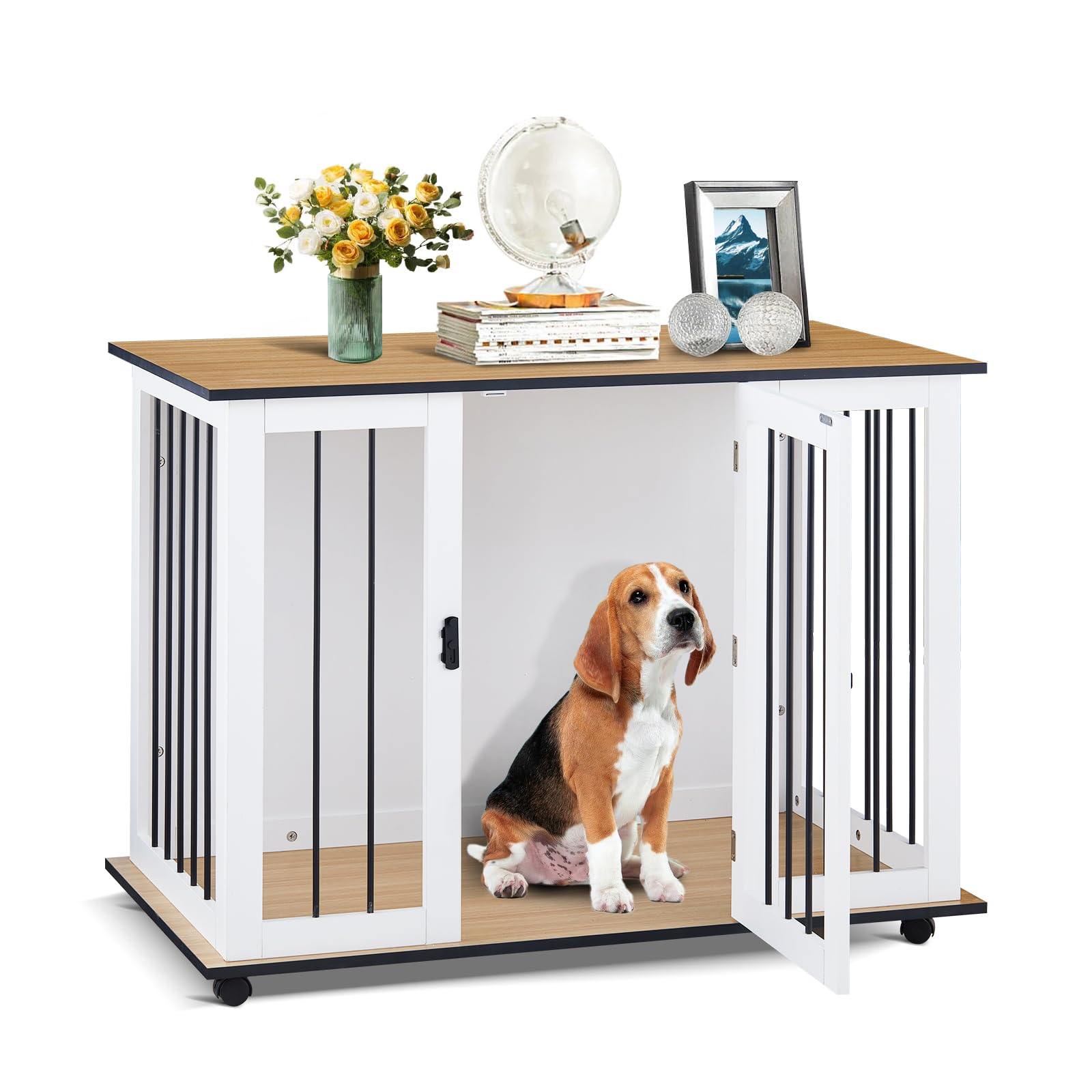 LEMROE Dog Crate End Table Dog House Furniture Style Dog Crates for Medium Dogs, Wooden Indoor Dog Kennel Side Table with 360° rotating wheels, Indoor Use w/Locks and Latches (White)