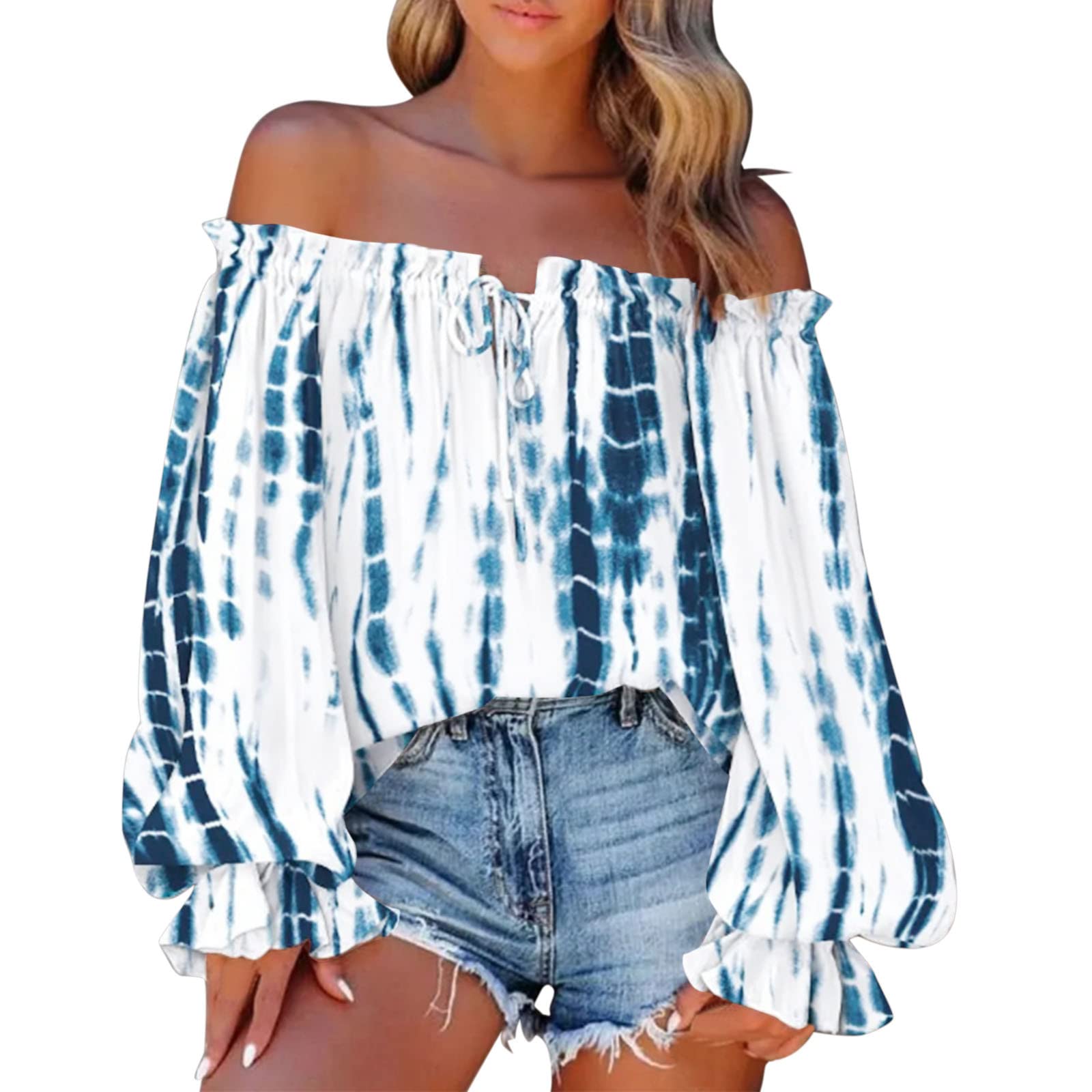 Ladies Sexy Off Shoulder Tops Lantern Sleeve T Shirts Women