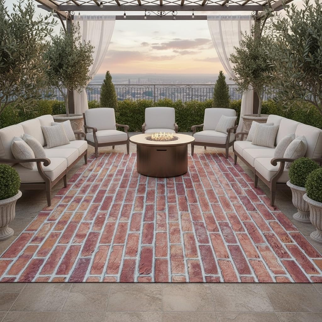 Natural Rose Pink Distressed Vintage Brick Wall Texture Waterproof Rug for Patio Garden Balcony Porch Deck Washable Non Slip Indoor Outdoor Area Rug 4x6 Retro Large Outside Carpet