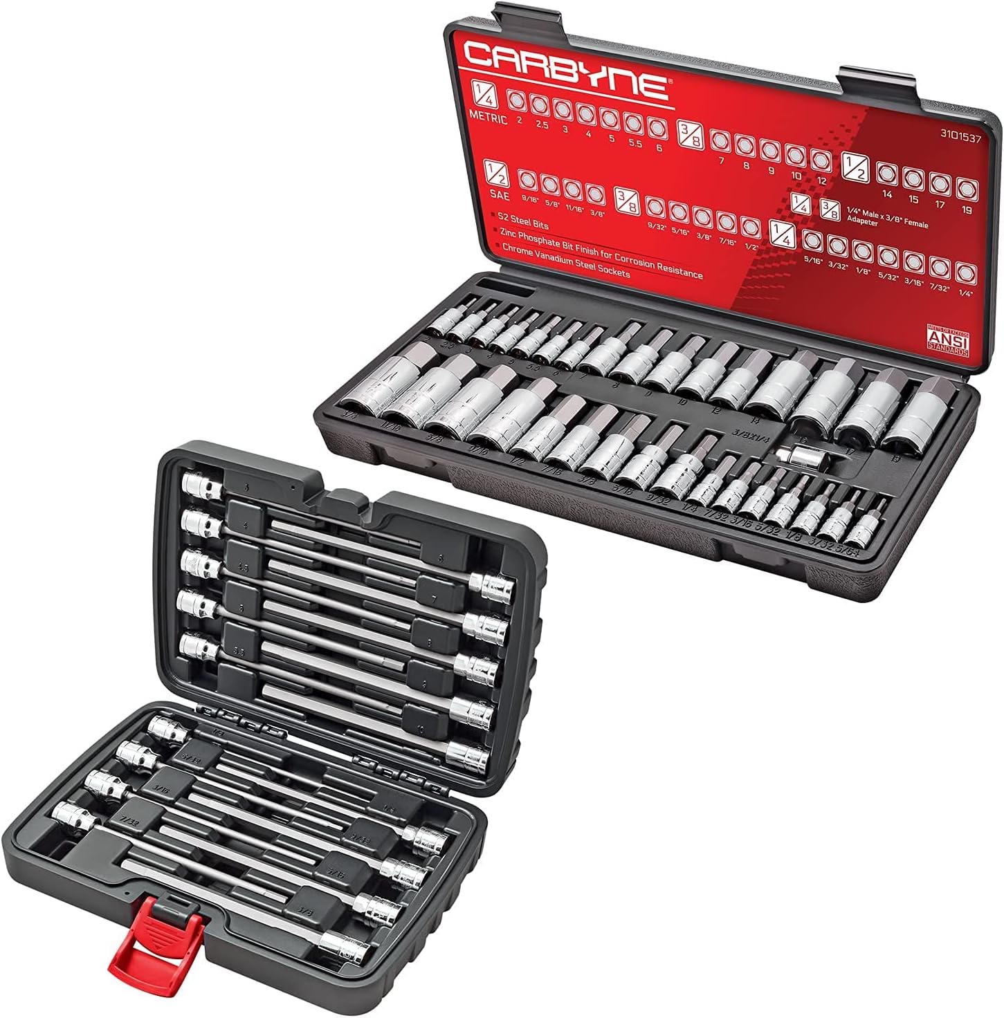 CARBYNE 33 Piece Master Hex Bit Socket Set (SAE & Metric) AND 18 Piece Extra Long Hex Bit Socket Set (SAE & Metric). 51 Standard & Extra Long Hex Bit Sockets.