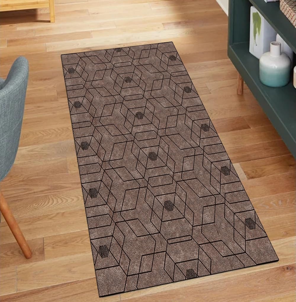 Alfombra larga para pasillo marrón de 90x120 cm con diseño geométrico y lavable