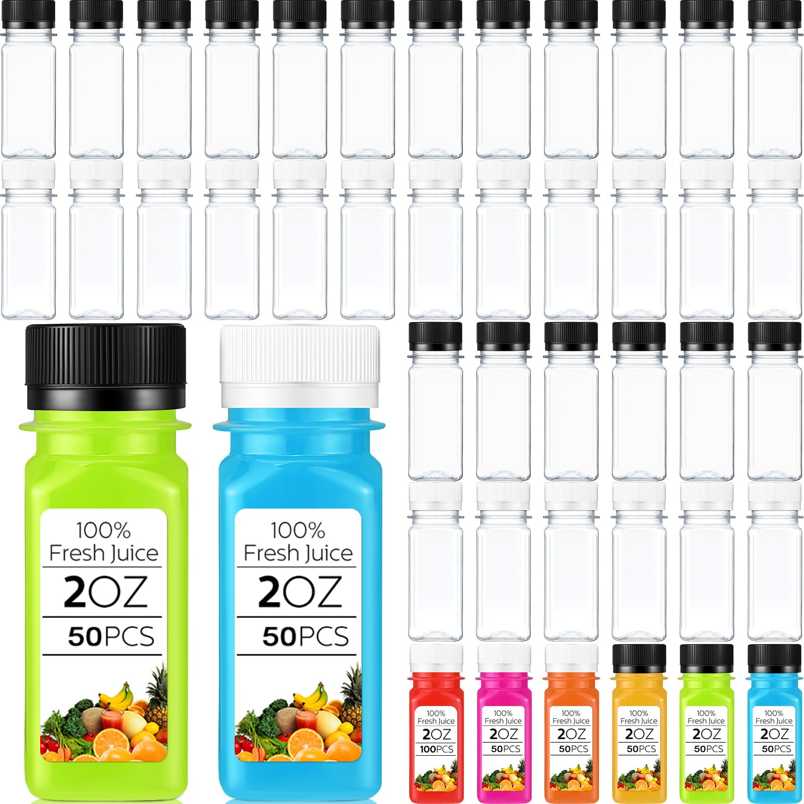Roshtia 100 Pcs 2oz Small Clear Plastic Juice Bottles with Lid for Liquids Reusable Ginger Shots Bottle Vial Beverage Container Leak Proof Mini Jars