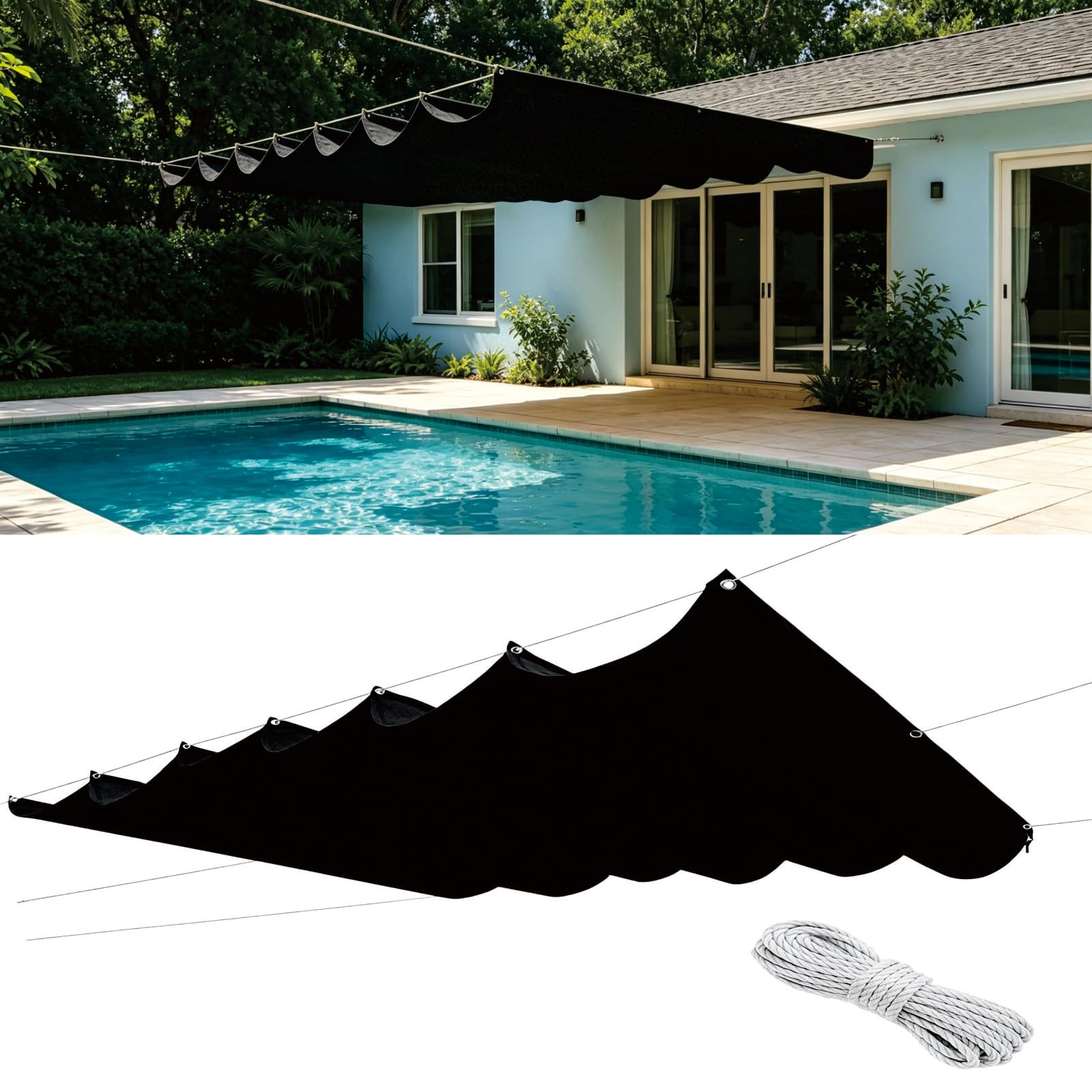 Auvent ondulé haut de gamme 150x865 cm en toile PES noire résistante