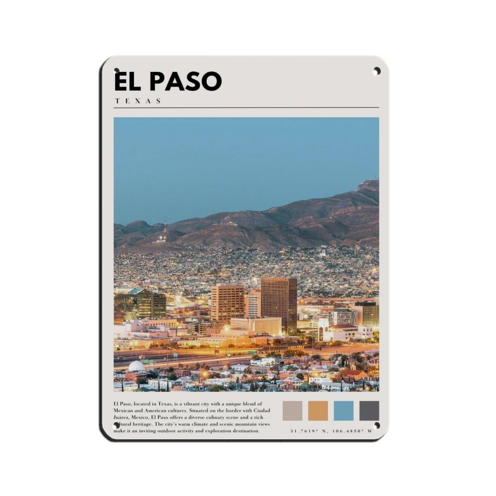 El Paso Texas Artwork El Paso Photo Poster Retro Poster Metal Tin Sign Chic Art Retro Iron Painting Bar People Cave Cafe Family Garage Poster Wall Decoration 12x16inch(30x40cm)