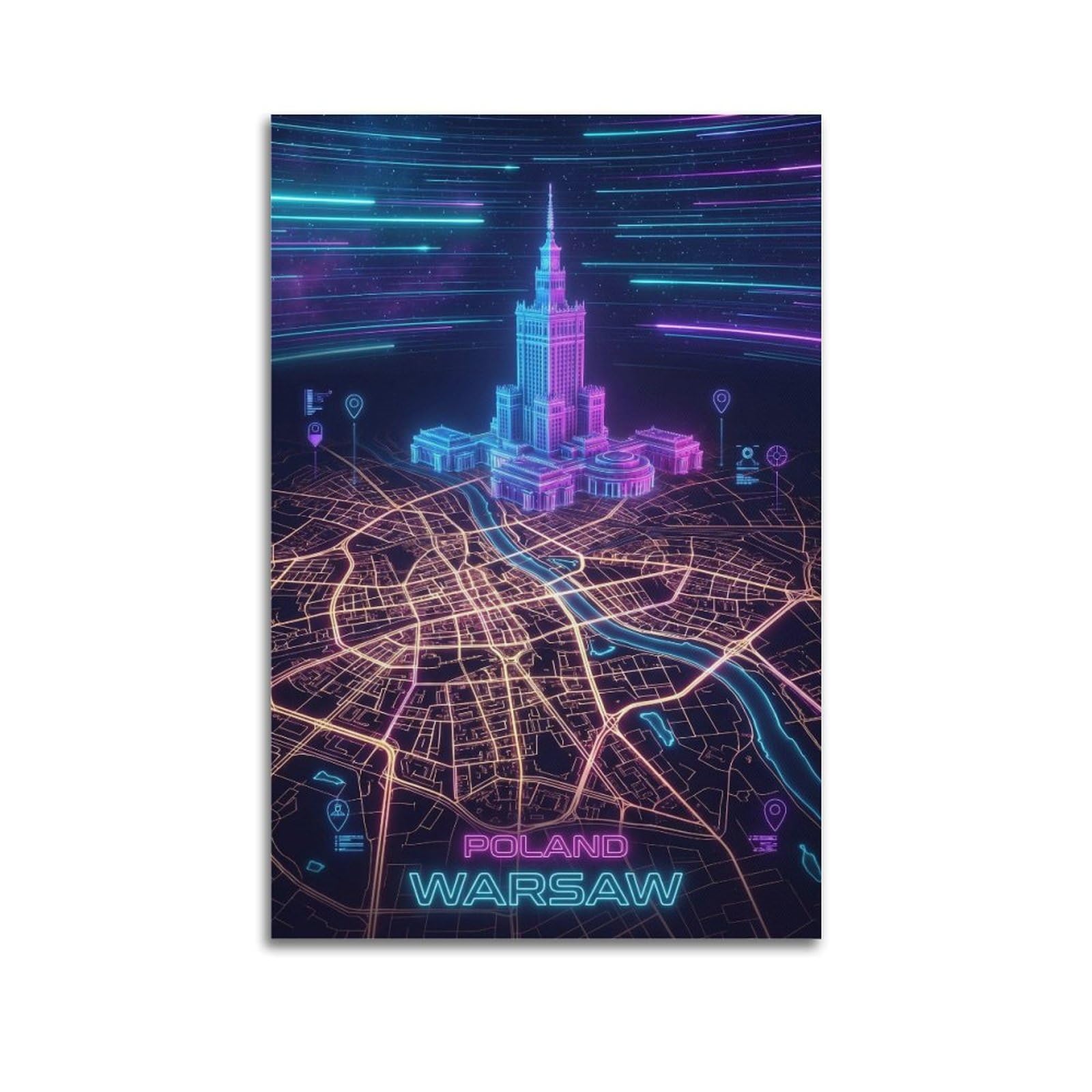 XKUGA Poland Culture Palace Neon City Synthwave Map Poster Modern Decorative Canvas Prints - Ideal Wall Art for Family, Man Cave, Game Room, Boys & Girls Bedroom 24x36inch(60x90cm)