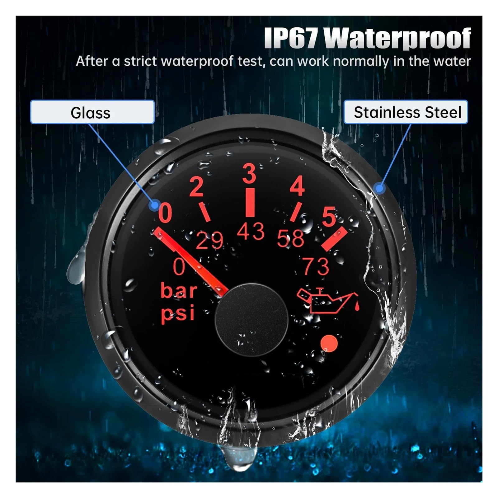 Medidor de presión de aceite de 52mm con Sensor de alarma LED rojo medidor de presión de aceite 0-10Bar,0-5Bar,0-73PSI,0-145PSI Alta visibilidad(0-10Bar WS)