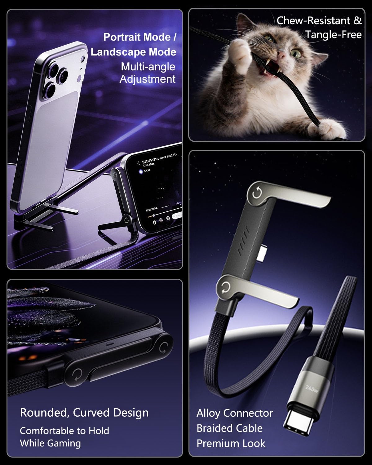 Cavo di ricarica 2 in 1, cavo di ricarica rapida da 240 W con supporto integrato, cavo di ricarica invisibile, rotazione a 360°, cavo USB C in nylon intrecciato ad alta velocità per telefono, tablet