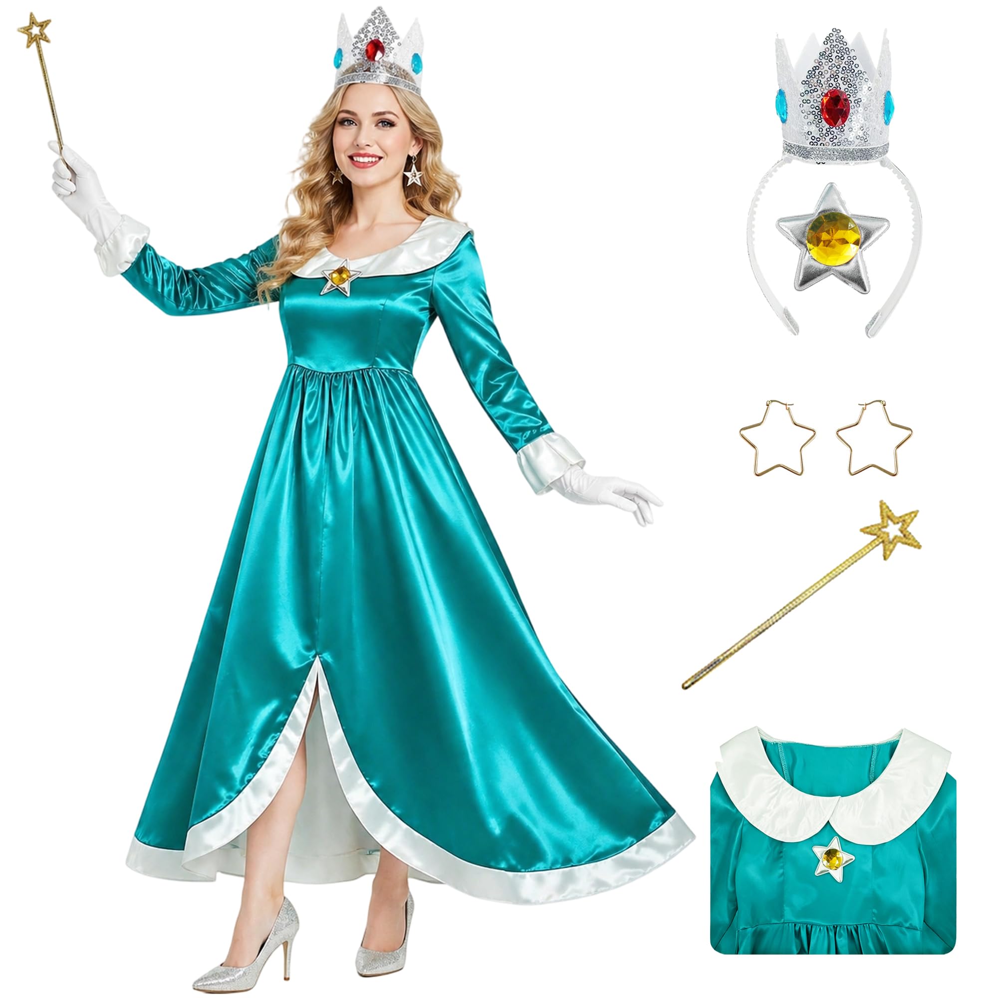 AYYOHON Rosalina Costume Adult Princess Daisy Dress Women Party Gown Halloween Cosplay Crown Earrings Gloves Brooch Set 2XL