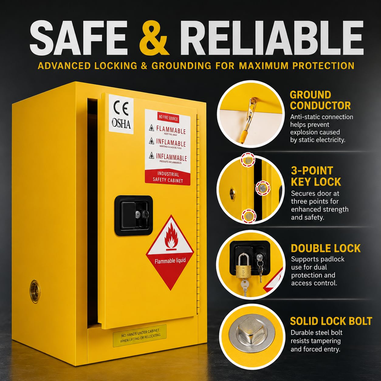 Gabinete de almacenamiento peligroso para líquidos inflamables Productos químicos gabinete de seguridad resistente al fuego con estantes ajustables industriales de laboratorio de grado amarillo 12 gal