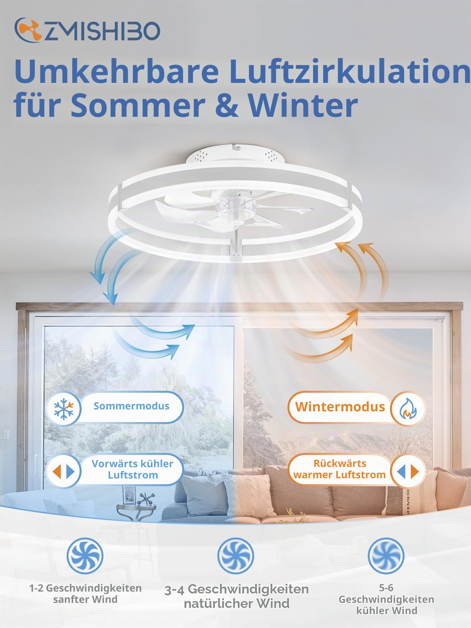 ZMISHIBO Deckenventilator mit Beleuchtung & Fernbedienung Ø50cm, 6 Geschwindigkeiten, Timer, Leise LED Lampe mit Ventilator, Weißer Fandelier für Schlafzimmer & Wohnzimmer