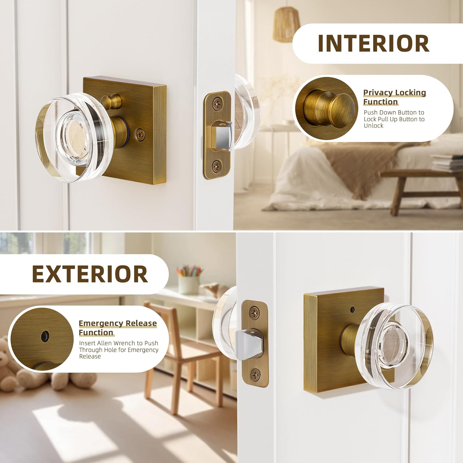 coolnews Crystal Door Knobs Antique Brass Door Knob Interior Privacy Door Knobs with Lock, Glass Door Knob Vintage Door Handle for Bedroom and Bathroom