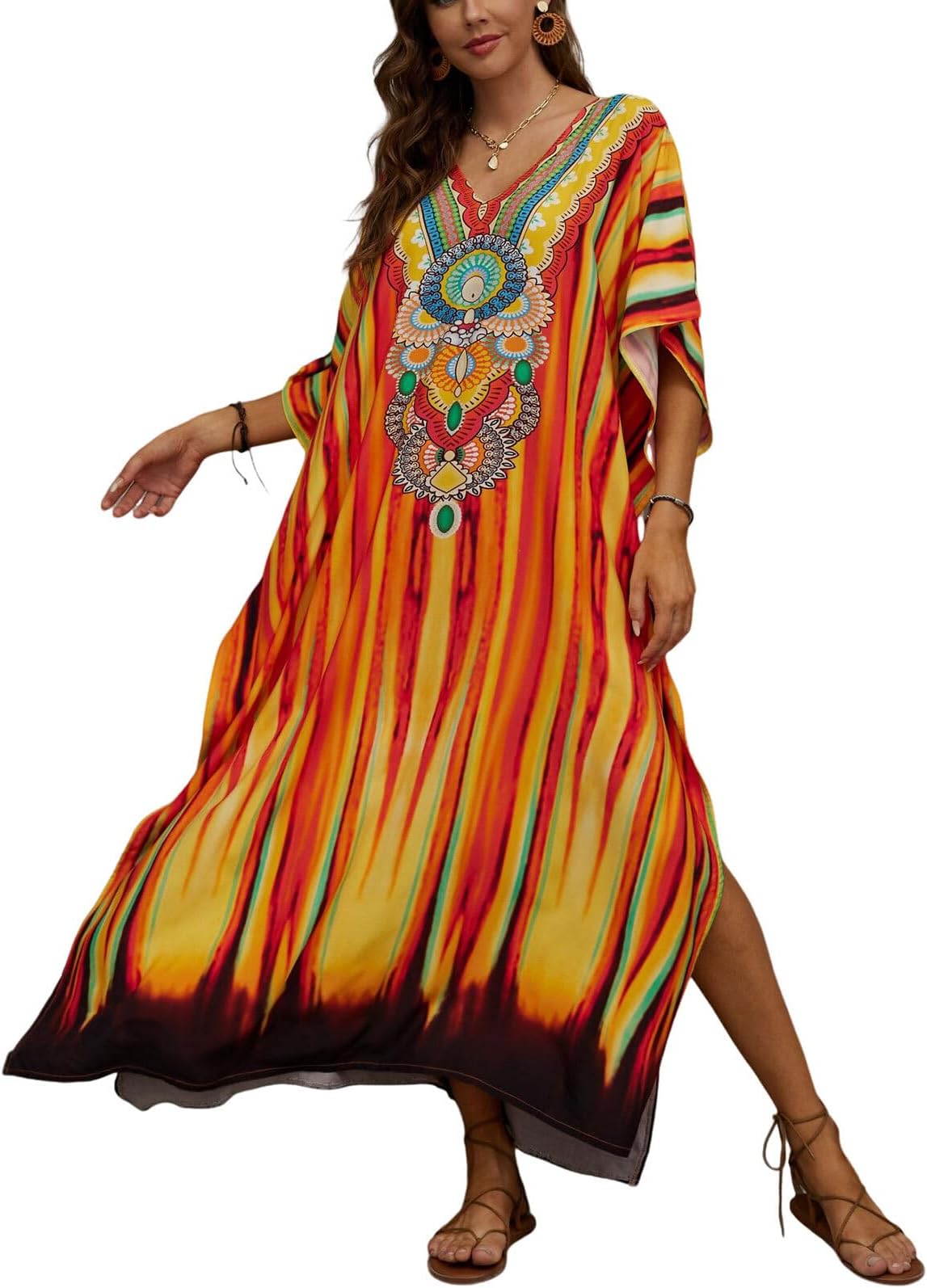 Women's Plus Size Animal Print V-Neck Batwing Kaftan Beach Dress Bathing Suit Cover-Up Loungewear