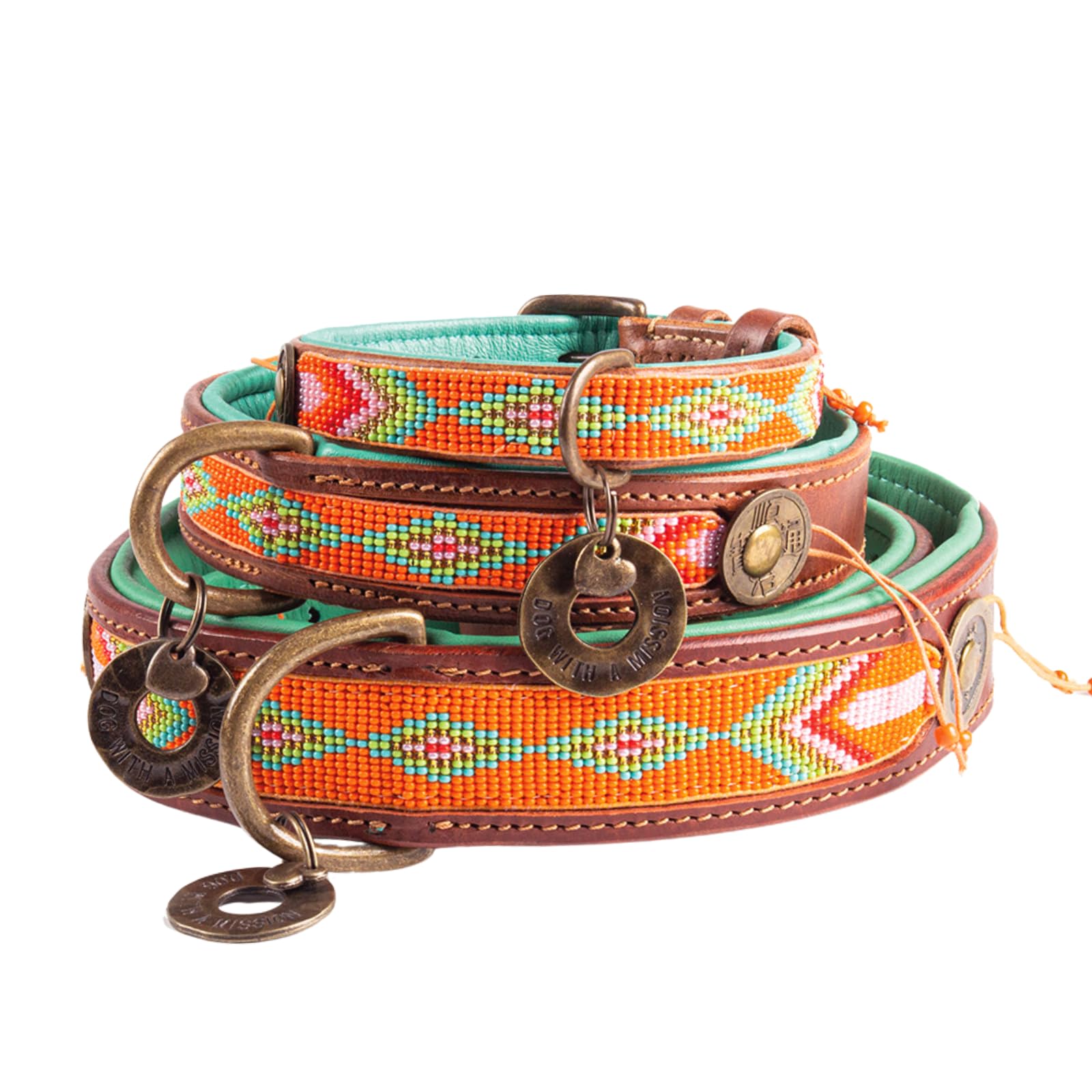 Dog with a Mission - Hundehalsband M | Farbenfroh Orange, Türkis | Perlen | Boho, Ethno, Ibiza, Hippie | Mittelgroße Hunde | Handgemacht | Modisch und Bunt | Aus weichem Echtes Leder | 2,5 cm Breit