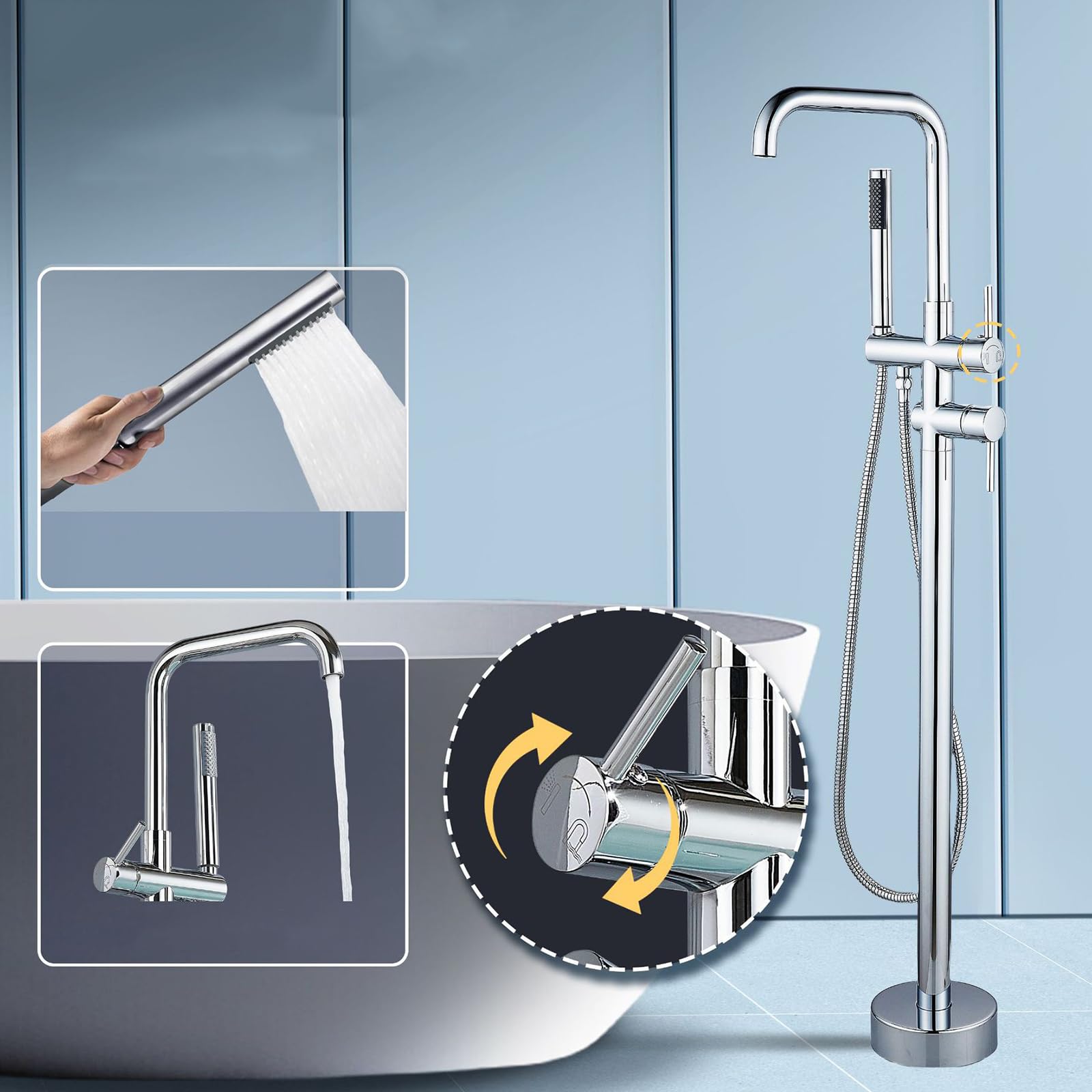 Grifo Mezclador de Bañera Y Ducha Grifos de Bañera Independientes Grifos de Bañera de Pie de Latón Agua Caliente Y Fría con Ducha Grifo de Bañera de Pie Cromado