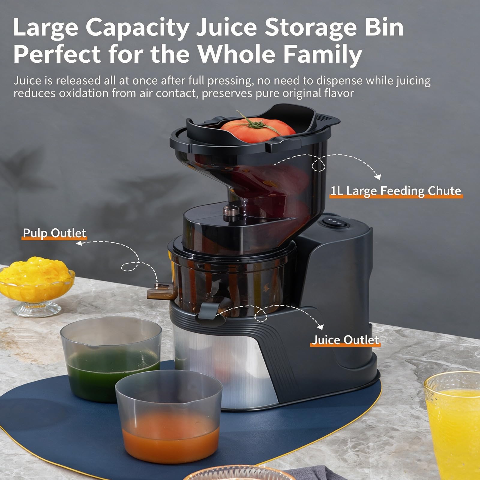 Presse-agrumes lent à pression froide, conception à double séparation | Goulotte d'alimentation ultra large de 150 mm, prend en charge le jus de fruits entiers. Rotation avant et arrière(black)