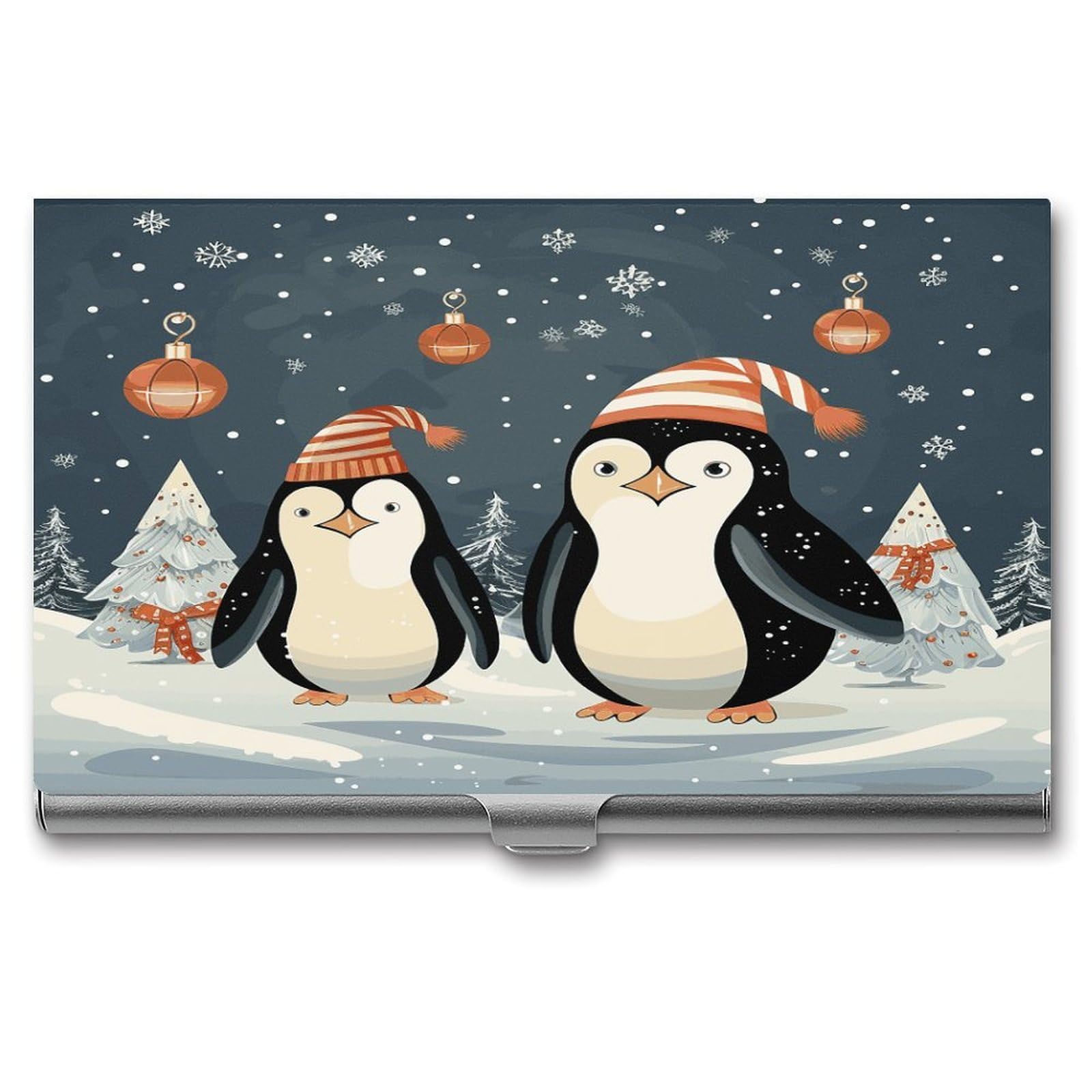 LDGSUPH Merry Christmas Penguins Business Card Holder Fashion Slim Name Card Holder Minimalist Design Case Metal Card Carrier Personalized Business Card Case with Flip for Men Women