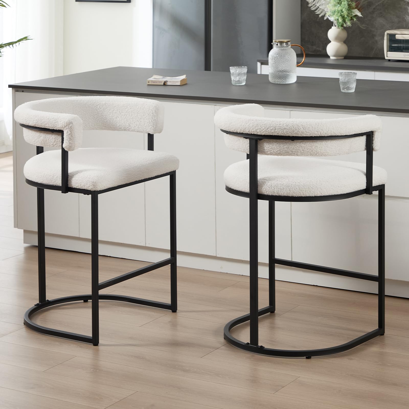 26'' Boucle Bar Stools Set of 2, Upholstered Sherpa Counter Stools with Hollow Backs and Arms, Modern Barrel Counter Height Barstools for Kitchen, Breakfast Island, Home Bar, Off White