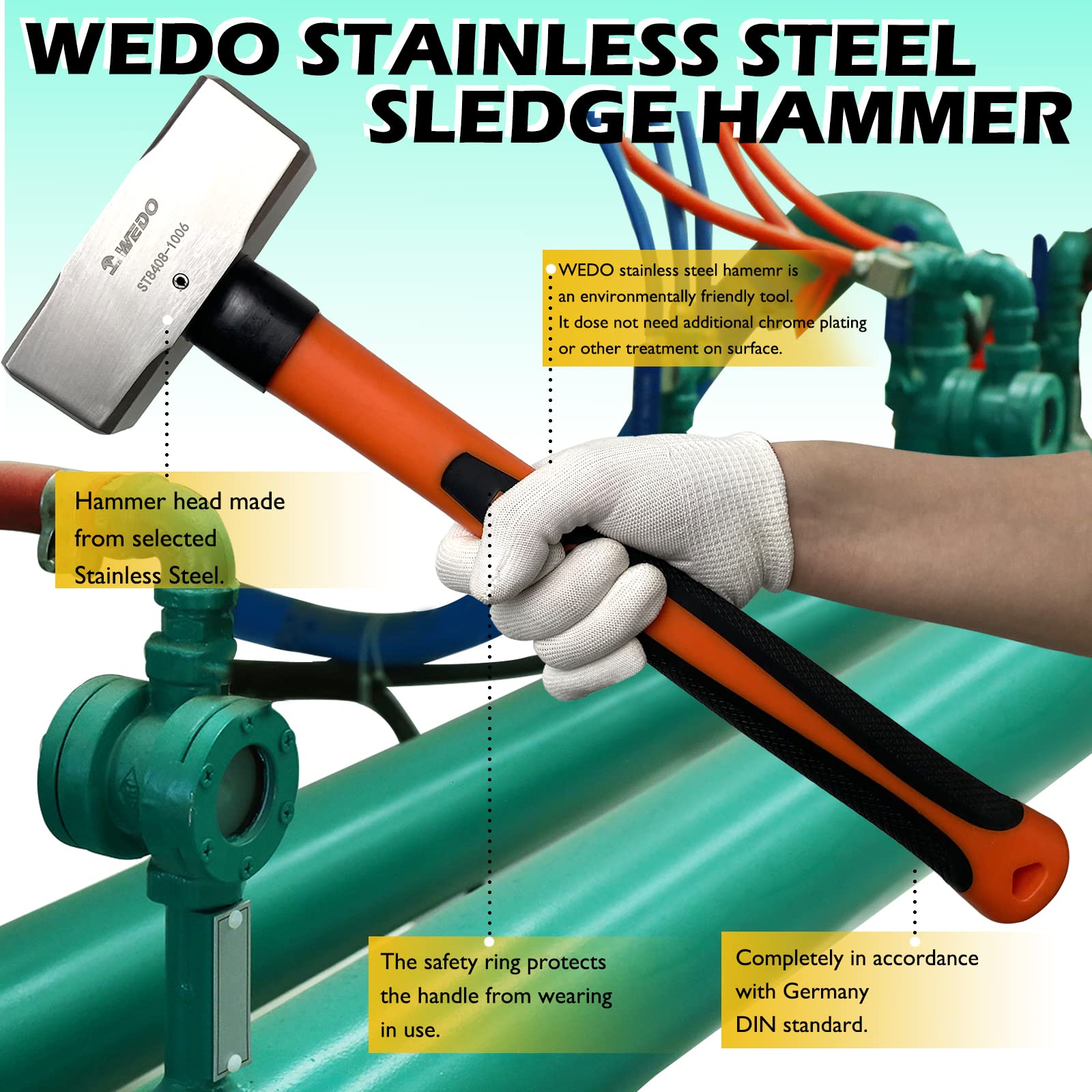 WEDO Edelstahlhammer,Vorschlaghammer mit Fiberglasstiel,500g,Länge 310mm,Edelstahl Abbruchhammer,Schlosser-Hammer,Kopf geschmiedet,Ingenieurhammer,Korrosionsschutz Stahlfäustel