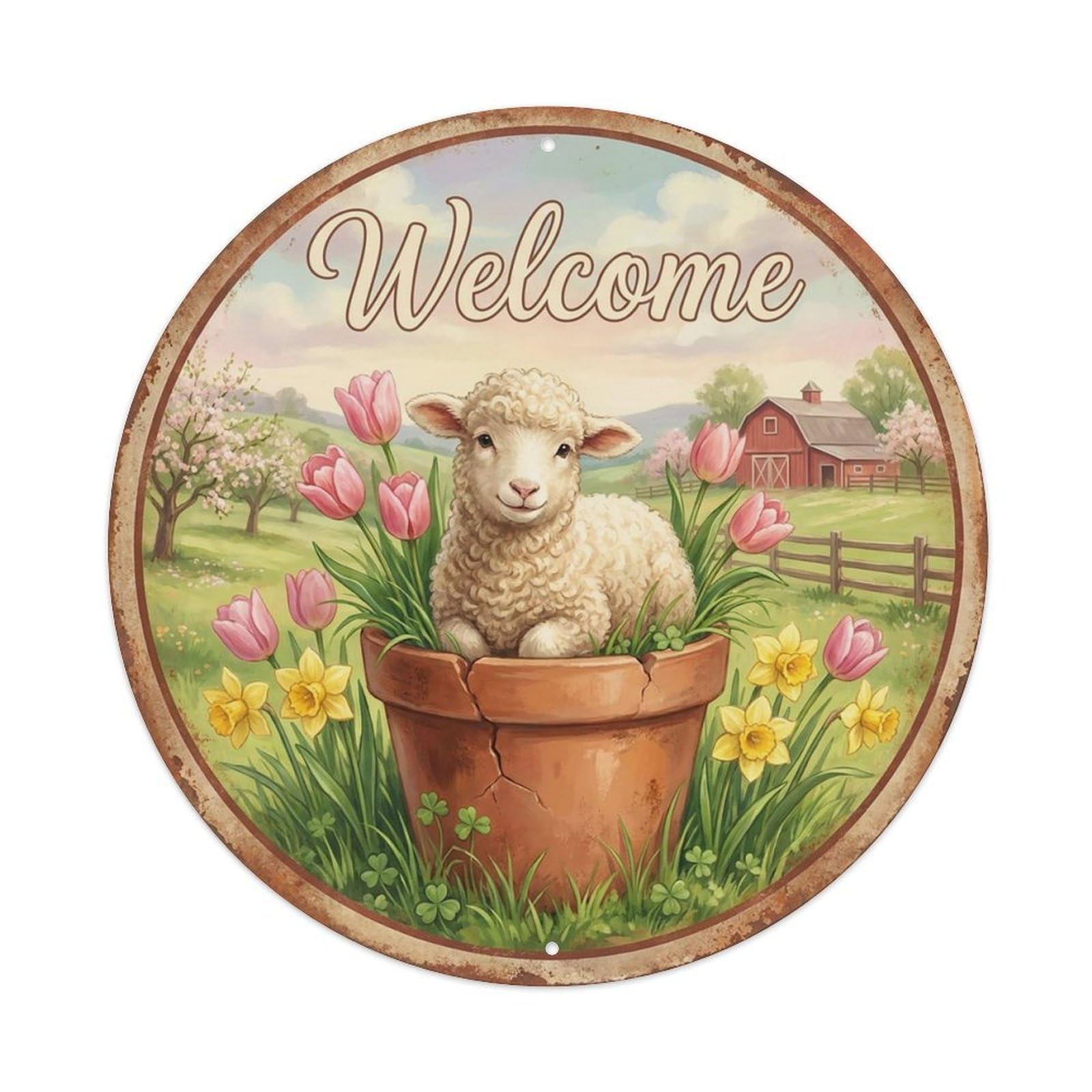 Vintage Welcome Lamb Spring Tulips Vintage Metal Tin Sign Plaque Wall Decor for Cafe, Club Bar, Office, Garden Metal Poster 8x8Inch