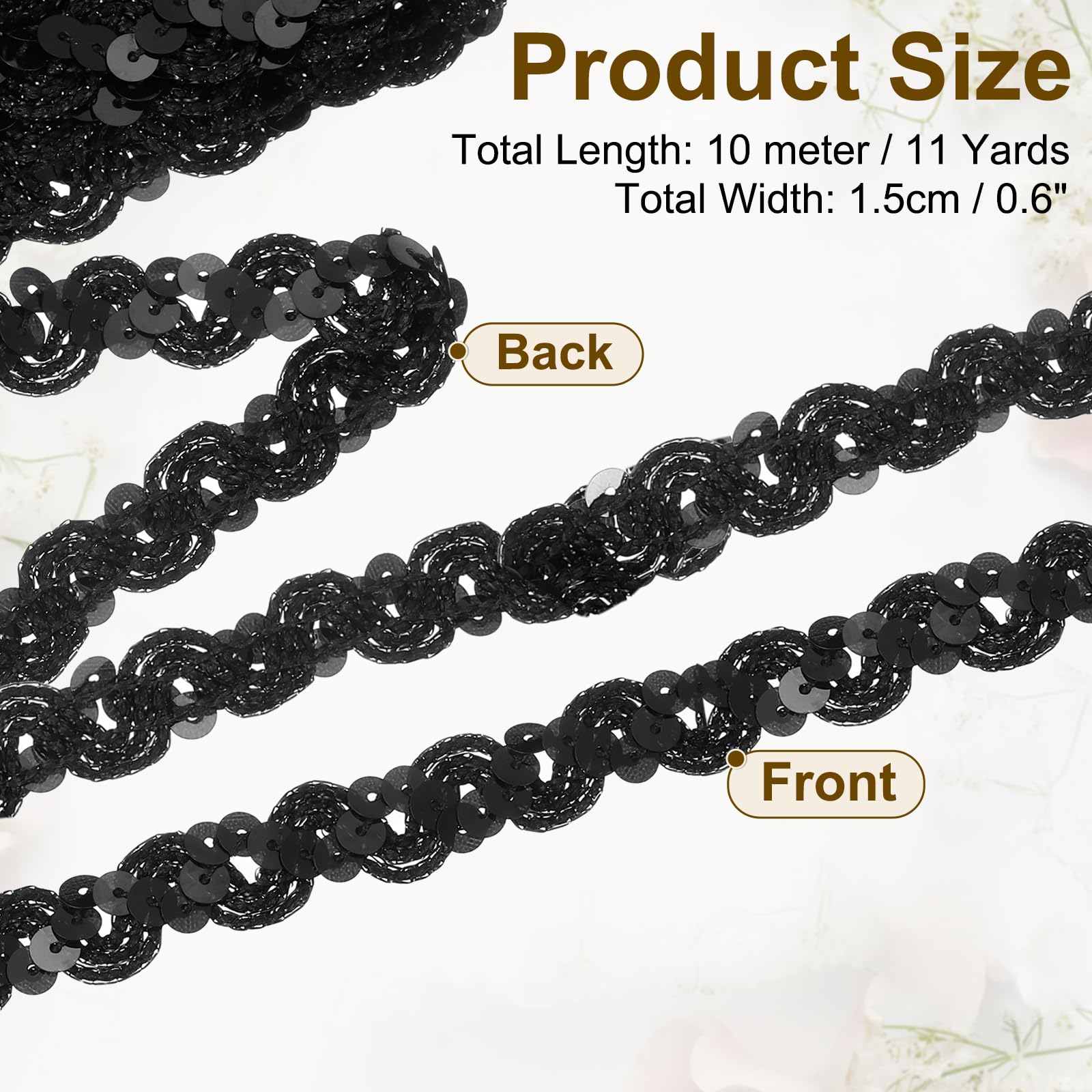 uxcell 11 Yard Sequins Trim Ribbon 0.6 Inch Sequin Gimp Braid Trim Spangle Flat Sequins Paillette Fabric Flat Trims Strips for Crafts Sewing Clothes Home Party Decoration, Black