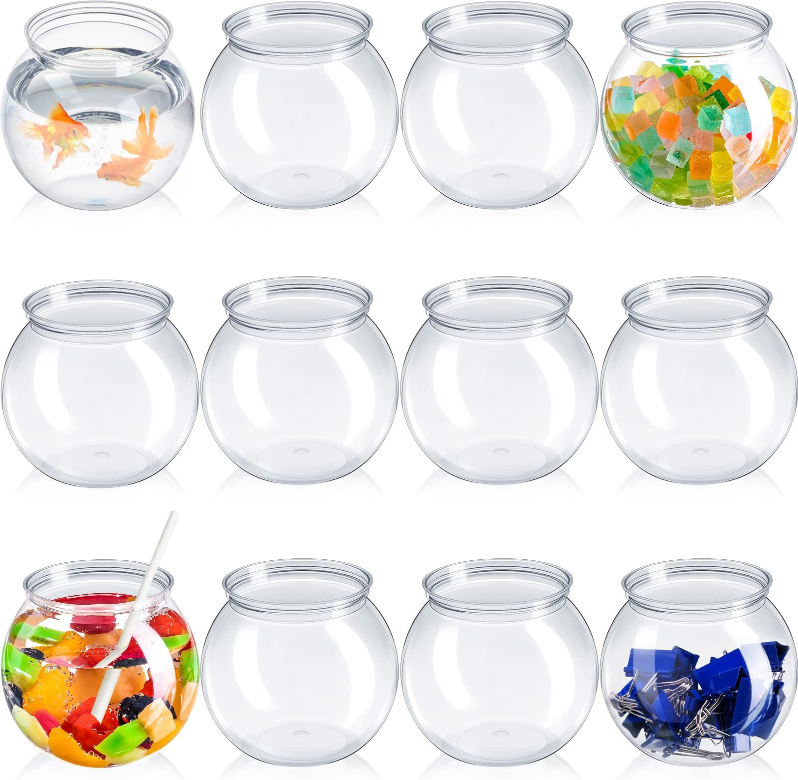 Eccliy 12 Pcs Clear Fish Bowl, 27 oz Plastic Fish Bowls for Drinks, Unbreakable Heavy Duty Goldfish Bowl with 12 Straws for Carnival Games, Halloween, Candy, Table Centerpieces, Party Decorations