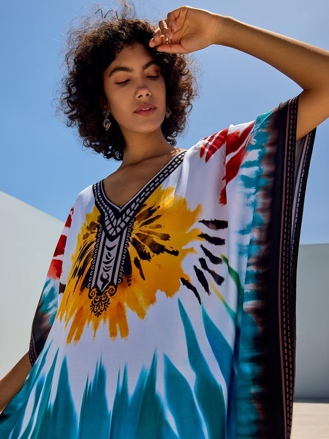 Chunoy Women Sunflower Print Kaftan V Neck Casual Bathing Suit Kimono Sleeve Side Split Beach Cover Up Caftan Dress - Image 6