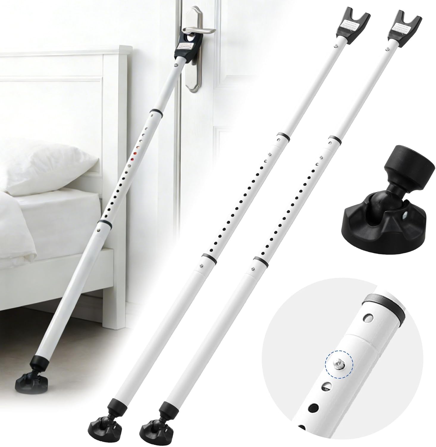 Sliding Door Security Bar, 3 in 1 Adjustable Heavy Duty Sliding Door Stopper with Spring Buckle, White Door Security Bar for Home, Apartment, Hotel, Travel (2 Pack)