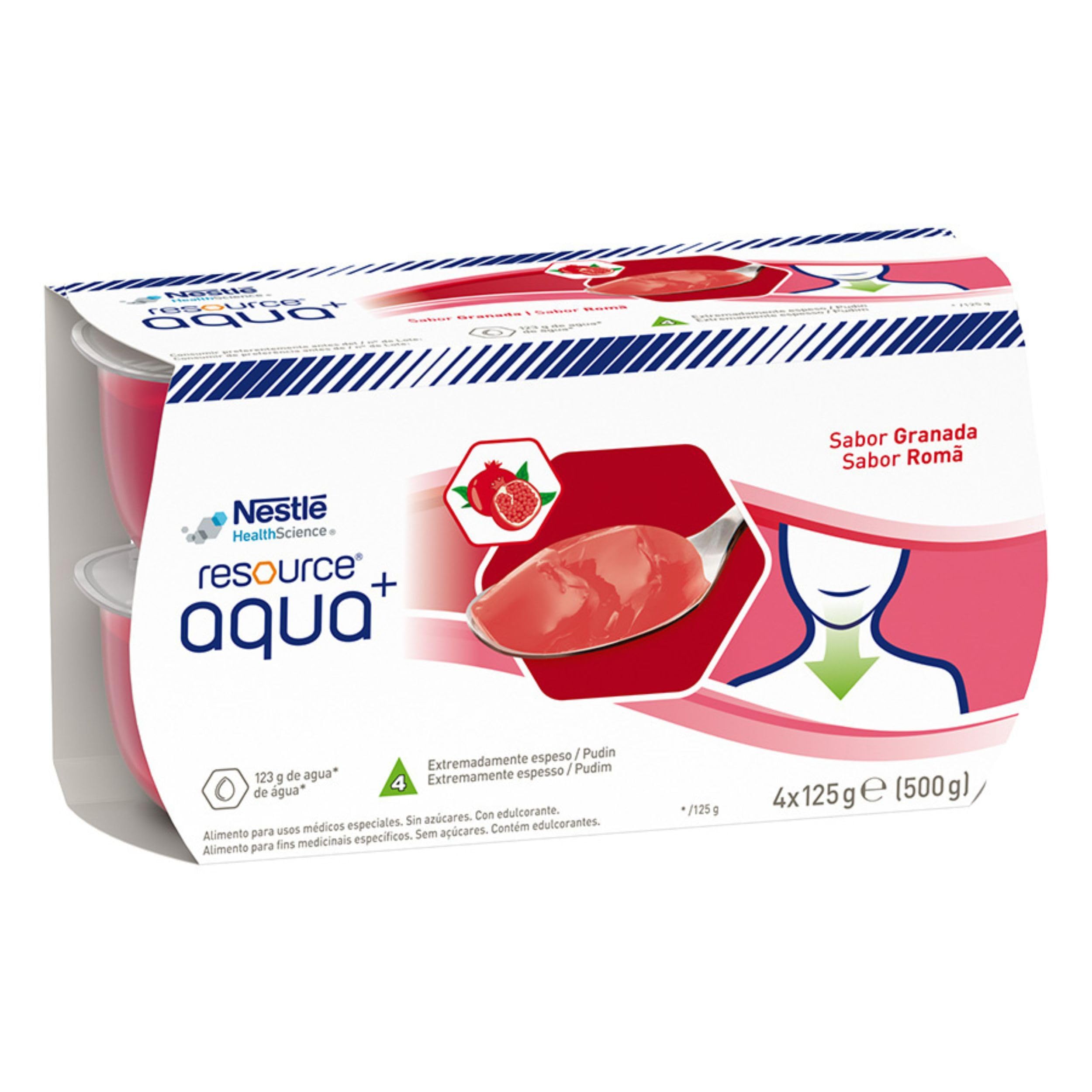 RESOURCE AQUA+ GELIFICADA, Sabor Granada, Hidratación Segura para Personas con Disfagia, Textura Tipo Pudin, Fácil Ingesta, Sin Gluten ni Sacarosa, Paquete de 4 unidades x 125 gr