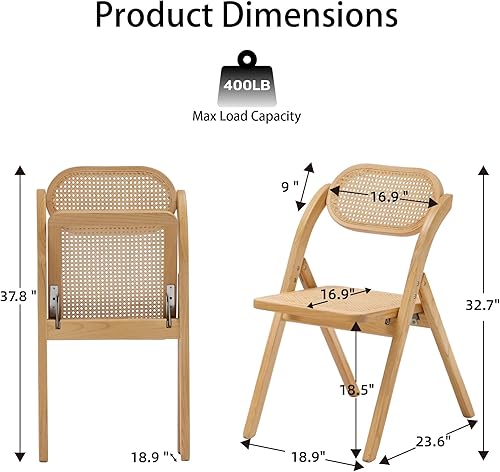 Miniatura 3 de Juego de 2 sillas plegables de comedor, sillas plegables de madera con respaldo y asiento de ratán natural, sillas plegables de madera para comedor,