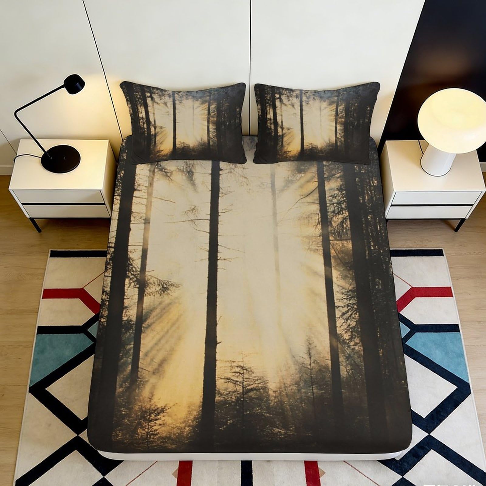 3D Printed Forest Sunrise Fitted Sheet Microfiber Soft Breathable Woodland Trees Mattress Cover for Bedroom Dormitory Guest Room Protection Decor 120x200x25cm