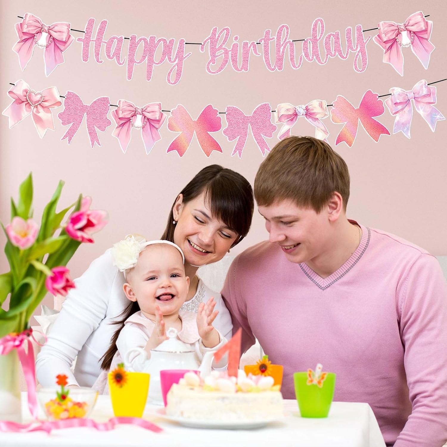 Set di striscioni di buon compleanno con fiocchi rosa