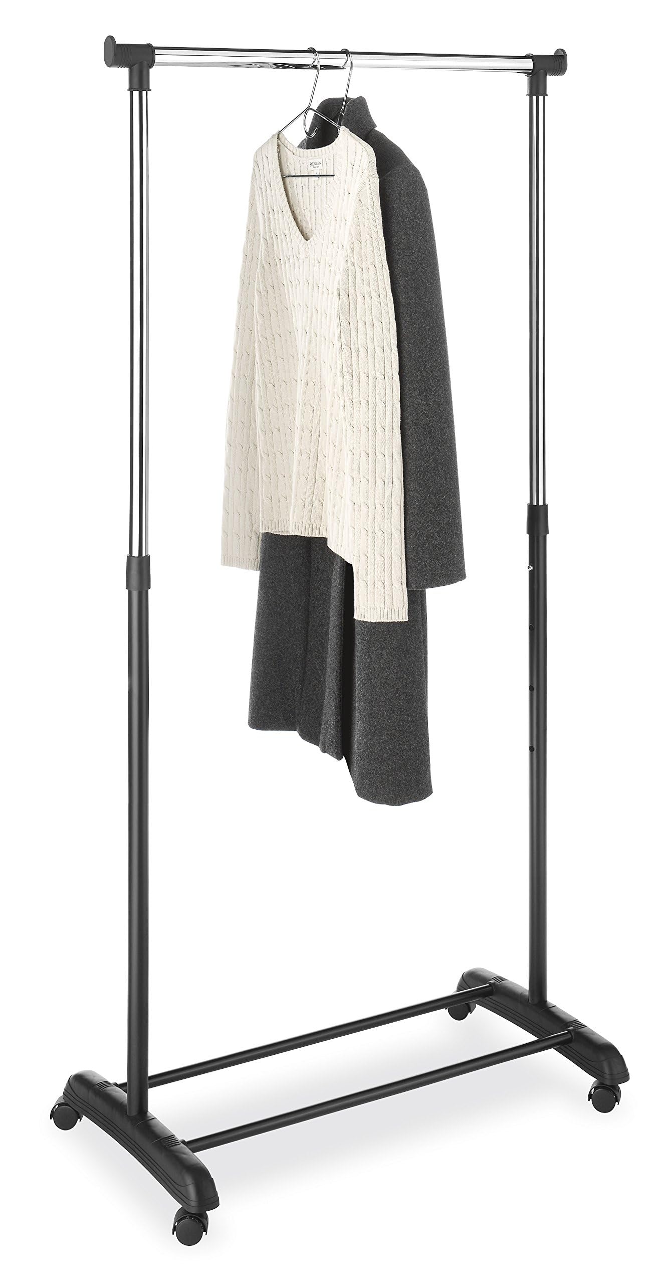 Whitmor Matte Black & Chrome Adjustable Garment Rack With Wheels, Rolling Clothes Rack For Hanging Clothes, Heavy Duty Single Rail Clothing Rack, Portable Hanging Rack For Bedroom, Laundry Room, Black & Silver